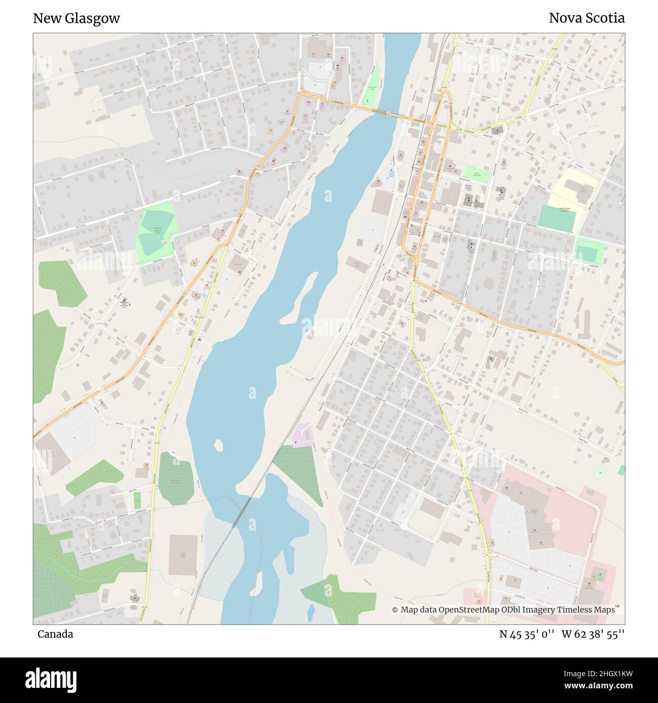 New Glasgow, Canada, Nuova Scozia, N 45 35' 0'', W 62 38' 55'', mappa, Mappa senza tempo pubblicata nel 2021. Viaggiatori, esploratori e avventurieri come Florence Nightingale, David Livingstone, Ernest Shackleton, Lewis and Clark e Sherlock Holmes si sono affidati alle mappe per pianificare i viaggi verso gli angoli più remoti del mondo, Timeless Maps sta mappando la maggior parte delle località del mondo, mostrando il successo di grandi sogni Foto Stock