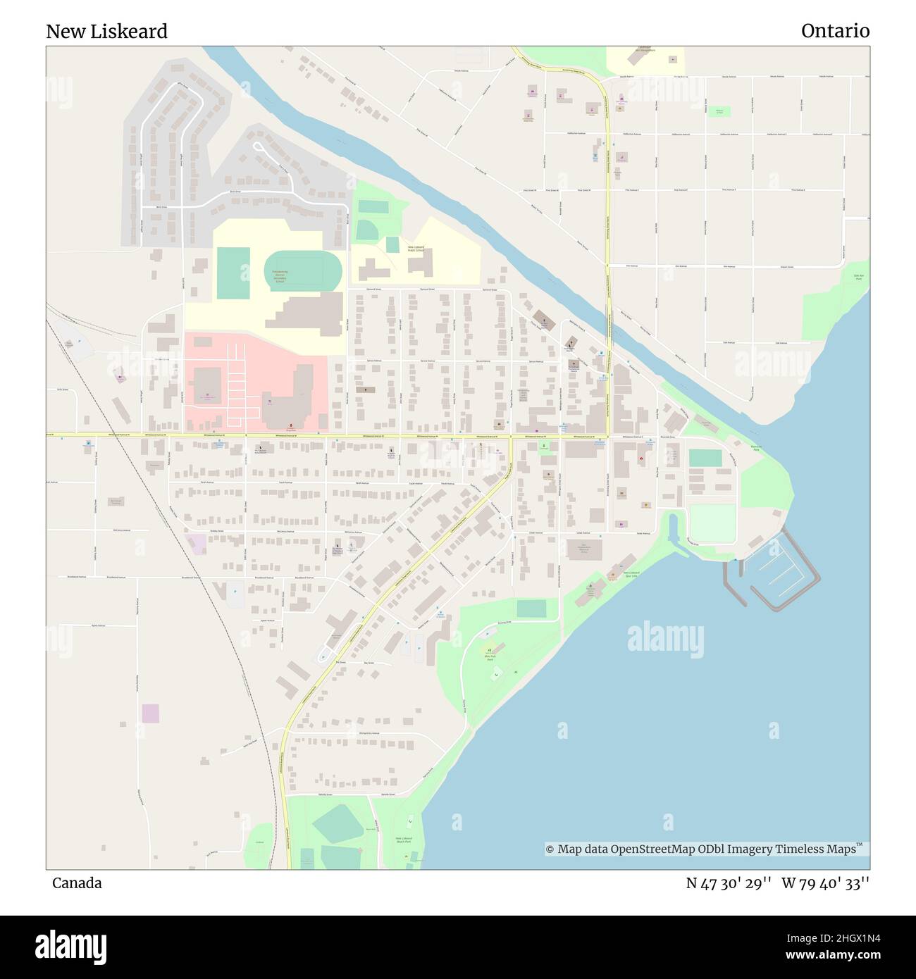 New Liskeard, Canada, Ontario, N 47 30' 29'', W 79 40' 33'', mappa, mappa senza tempo pubblicata nel 2021. Viaggiatori, esploratori e avventurieri come Florence Nightingale, David Livingstone, Ernest Shackleton, Lewis and Clark e Sherlock Holmes si sono affidati alle mappe per pianificare i viaggi verso gli angoli più remoti del mondo, Timeless Maps sta mappando la maggior parte delle località del mondo, mostrando il successo di grandi sogni Foto Stock