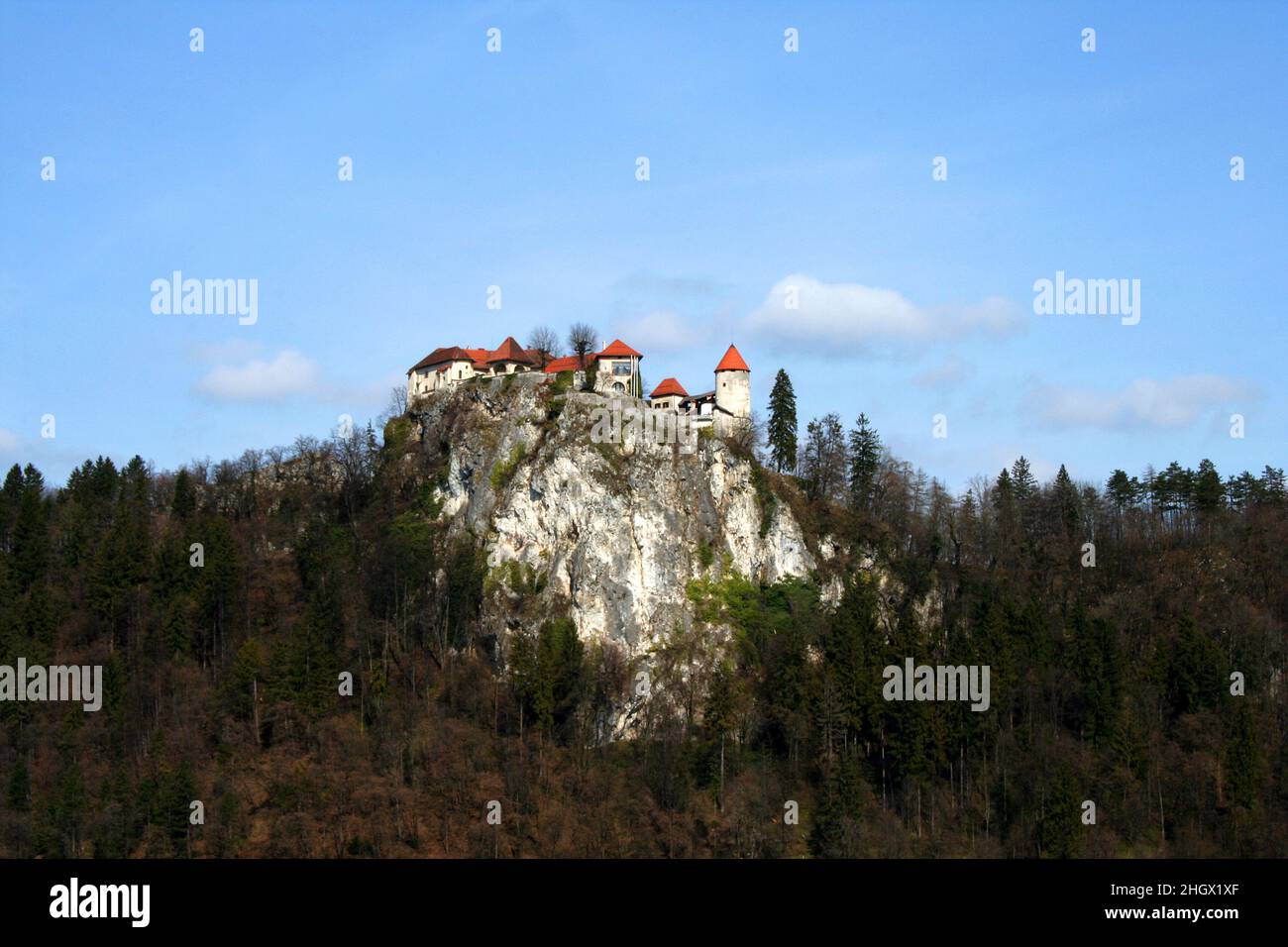 Castello di Bled dal villaggio in Slovenia. Lago nella regione alta Carniolana della Slovenia nordoccidentale. Foto Stock