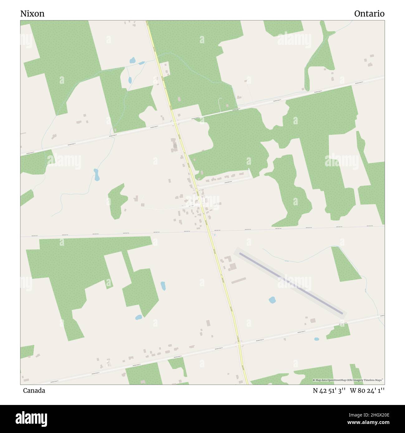 Nixon, Canada, Ontario, N 42 51' 3'', W 80 24' 1'', mappa, mappa senza tempo pubblicata nel 2021. Viaggiatori, esploratori e avventurieri come Florence Nightingale, David Livingstone, Ernest Shackleton, Lewis and Clark e Sherlock Holmes si sono affidati alle mappe per pianificare i viaggi verso gli angoli più remoti del mondo, Timeless Maps sta mappando la maggior parte delle località del mondo, mostrando il successo di grandi sogni Foto Stock