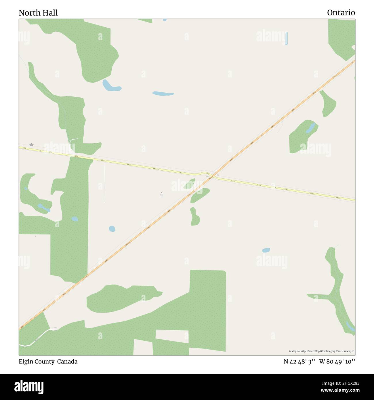 North Hall, Elgin County, Canada, Ontario, N 42 48' 3'', W 80 49' 10''', mappa, mappa senza tempo pubblicata nel 2021. Viaggiatori, esploratori e avventurieri come Florence Nightingale, David Livingstone, Ernest Shackleton, Lewis and Clark e Sherlock Holmes si sono affidati alle mappe per pianificare i viaggi verso gli angoli più remoti del mondo, Timeless Maps sta mappando la maggior parte delle località del mondo, mostrando il successo di grandi sogni Foto Stock