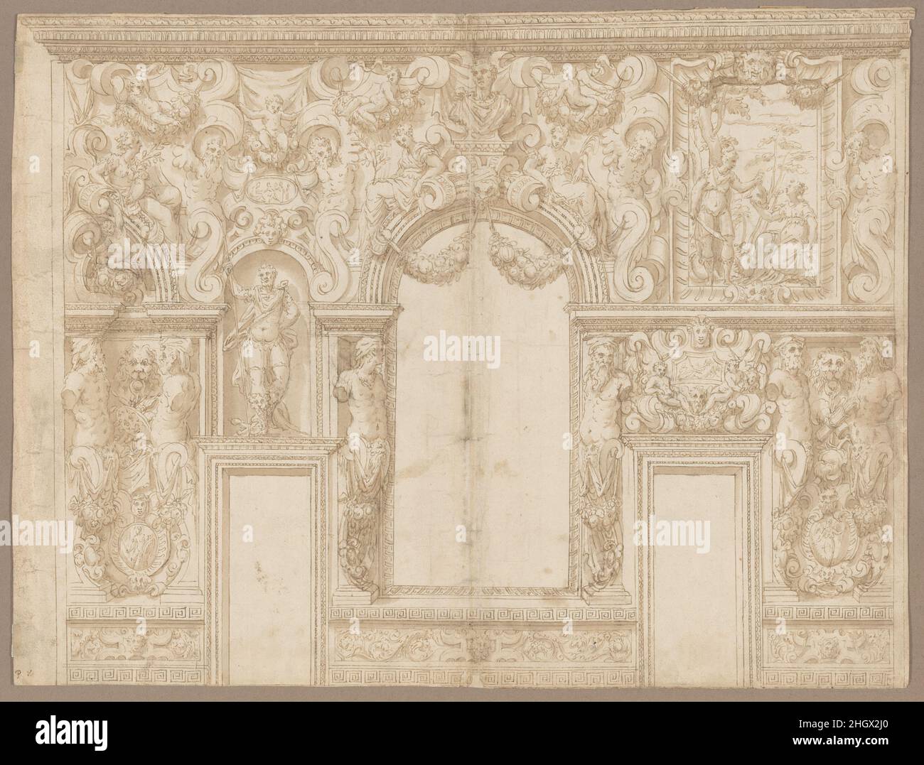 Design per la decorazione di un muro di Palazzo (Palazzo Veronese?) circa 1550–70 cerchio di Alessandro Vittoria (Alessandro Vittoria di Vigilio della Volpa) Design per la decorazione di un muro con due porte singole e una nicchia centrale ad arco lasciata vuota per un dipinto. La parete è altrimenti completamente ricoperta da decorazioni che potrebbero essere eseguite in una varietà di tecniche da affresco a stucco e elementi scultorei tridimensionali. Lungo tutta la larghezza, il fondo della parete è caratterizzato da un congelamento con un bordo geometrico greco sopra e sotto pannelli con acanto meandering e. Foto Stock