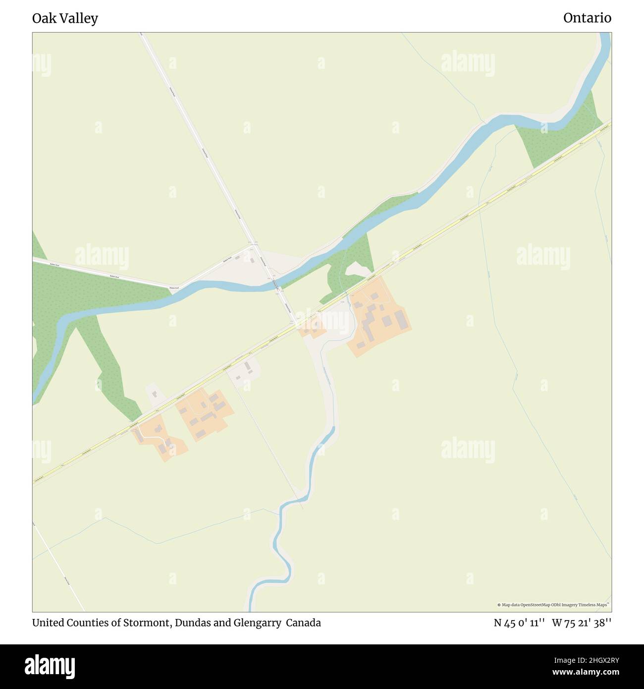 Oak Valley, United Counties of Stormont, Dundas and Glengarry, Canada, Ontario, N 45 0' 11'', W 75 21' 38''', mappa, mappa senza tempo pubblicata nel 2021. Viaggiatori, esploratori e avventurieri come Florence Nightingale, David Livingstone, Ernest Shackleton, Lewis and Clark e Sherlock Holmes si sono affidati alle mappe per pianificare i viaggi verso gli angoli più remoti del mondo, Timeless Maps sta mappando la maggior parte delle località del mondo, mostrando il successo di grandi sogni Foto Stock