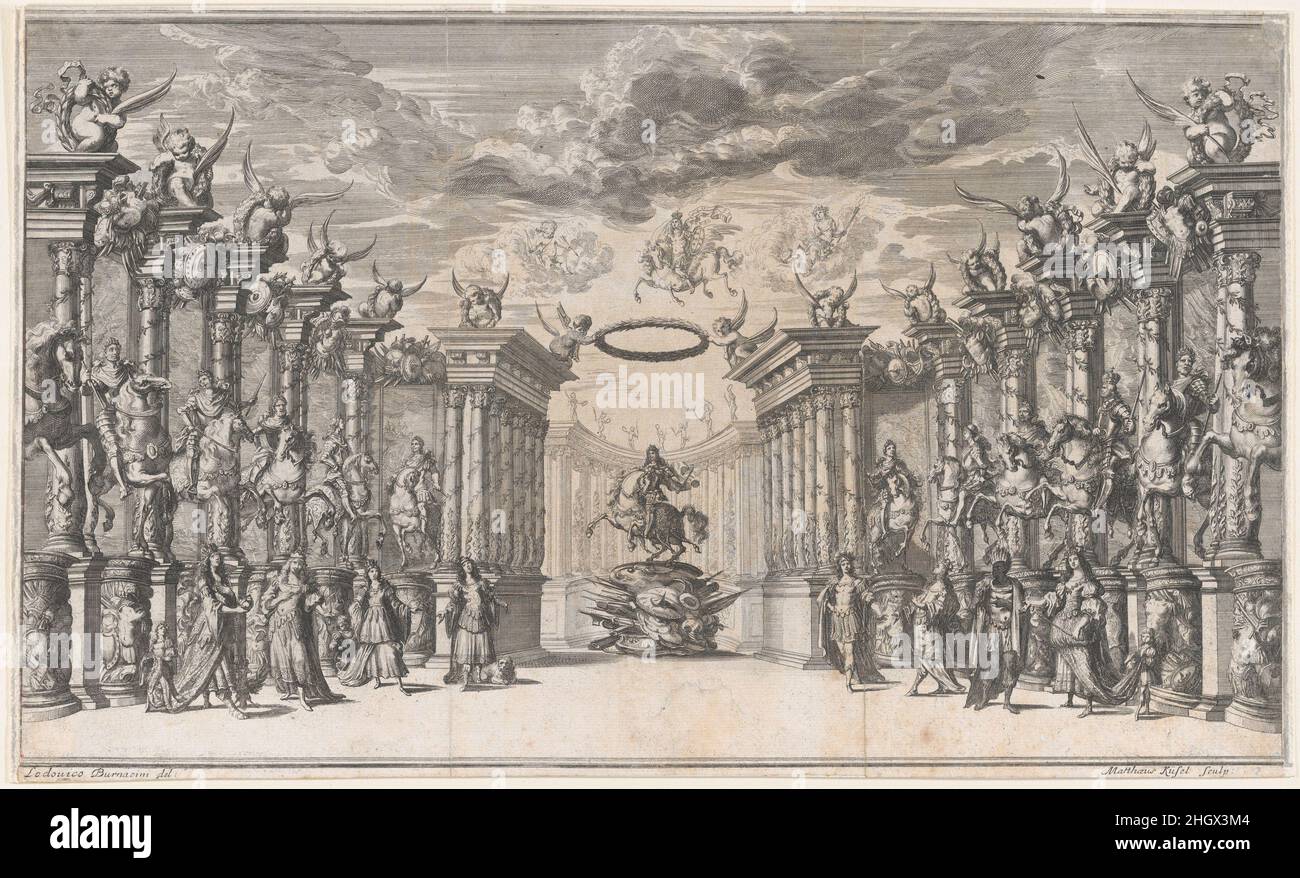 The Triumph of Austria; Leopold I at center, mounted on a reared horse,  atop a military trophy; surrounded by equestrian portraits of the Holy  Roman Emperors; set design from 'Il Pomo D'Oro'