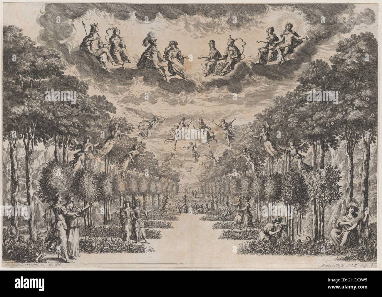 I campi Elisi; Set design da 'la Monarchia Latina Trionfante' 1678 Mathäus Küsel uno di una serie di piatti raffiguranti i set teatrali per l'opera 'la Monarchia Latina Trionfante', disegnata da Ludovico Burnacini con libretto di Nicolò Minato, musica di Antonio Draghi e balletto di Johann Heinrich Schmeizer. Prodotta a Vienna nel 1678, l'opera commemora la nascita dell'Arciduca Giuseppe, figlio dell'imperatore Leopoldo i e della sua terza moglie, Eleonora Magdalena. I campi Elisi; allestiti su disegno da 'la Monarchia Latina Trionfante'. Mathäus Küsel (tedesco, 1621–1682). 1678. Acquaforte Foto Stock