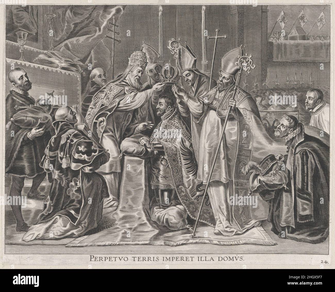 Targa 24: Carlo V incoronato imperatore dal Papa; da 'Serenissimi Principis Ferdinandi di Guillielmus Becanus, Hispaniarum infantis...' 1636 Pieter de Jode II Fiammingo il 28 gennaio 1635, la città di Gand celebrò l'ingresso del Cardinale-Infante Ferdinando di Spagna, il recentemente nominato governatore dei Paesi Bassi meridionali. Un gruppo di artisti fiamminghi è stato incaricato di creare dipinti per la decorazione di due archi trionfali eretti nella piazza principale della città per l'occasione. Anche se la maggior parte di queste tele sono ormai perse, le incisioni in 'Serenissimi Principp di Guillielmus Becanus Foto Stock