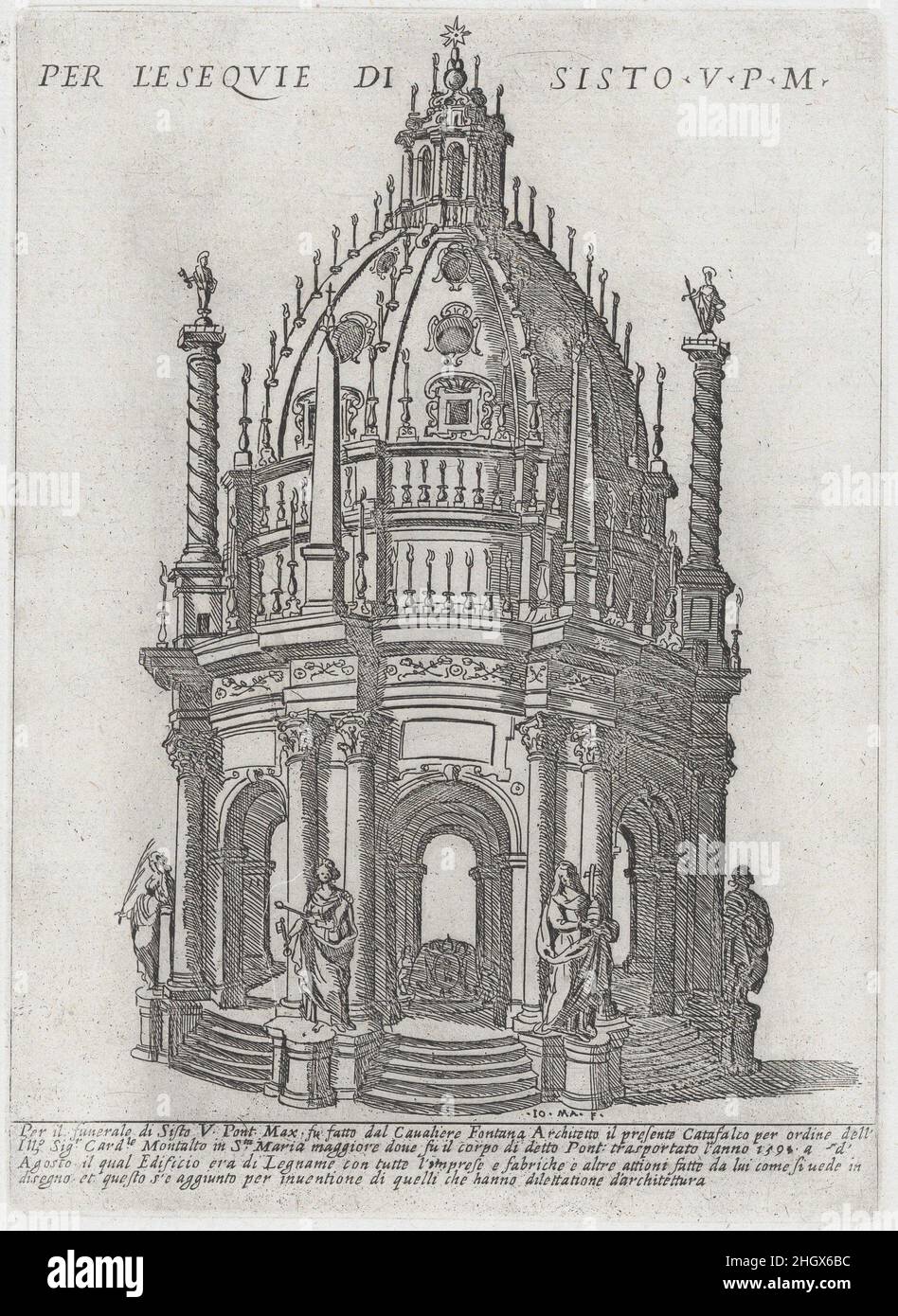 Catafalque per Papa Sisto V; da 'Libro De Catafalchi, Tabernacoli, con vari designi di Porte fenestre et altri ornamenti di architettura' 1591 Giovanni Maggi Stampa in disimpegno da 'Libro De Catafalchi, Tabernacoli, con vari designi di Porte fenestre et altri ornamenti di architettura'. Catafalque progettato da Domenico Fontana per il funerale di Papa Sisto V (1520-1590), avvenuto nel 1591.. Catafalque per Papa Sisto V; da 'Libro De Catafalchi, Tabernacoli, con varij designi di Porte fenestre et altri ornamenti di architettura'. 1591. Incisione. Giovanni Giacomo De Rossi (italiano, Rom Foto Stock