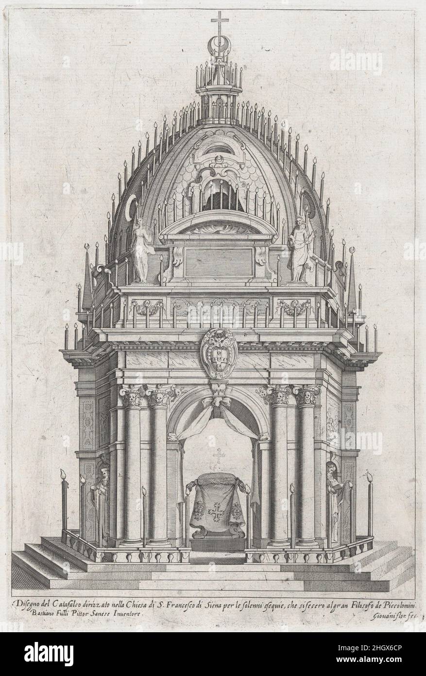 Disegno della cataflanche per Francesco Piccolomini; da 'Libro De Catafalchi, Tabernacoli, con vari designi di Porte fenestre et altres ornamenti di architettura' 1607 Giovanni Florimi Stampa in disparte da 'Libro De Catafalchi, Tabernacoli, con vari designi di Porte fenestre et altres ornamenti di architettura'. La catafalque è stata progettata da Sebastiano Folli ed è decorata con candele, figure scolariche in nicchie, e figure femminili, con le braccia Piccolomini sopra l'arco. Francesco Piccolomini fu professore di filosofia presso l'Università di Padova e morì nel 1607. Design della c Foto Stock