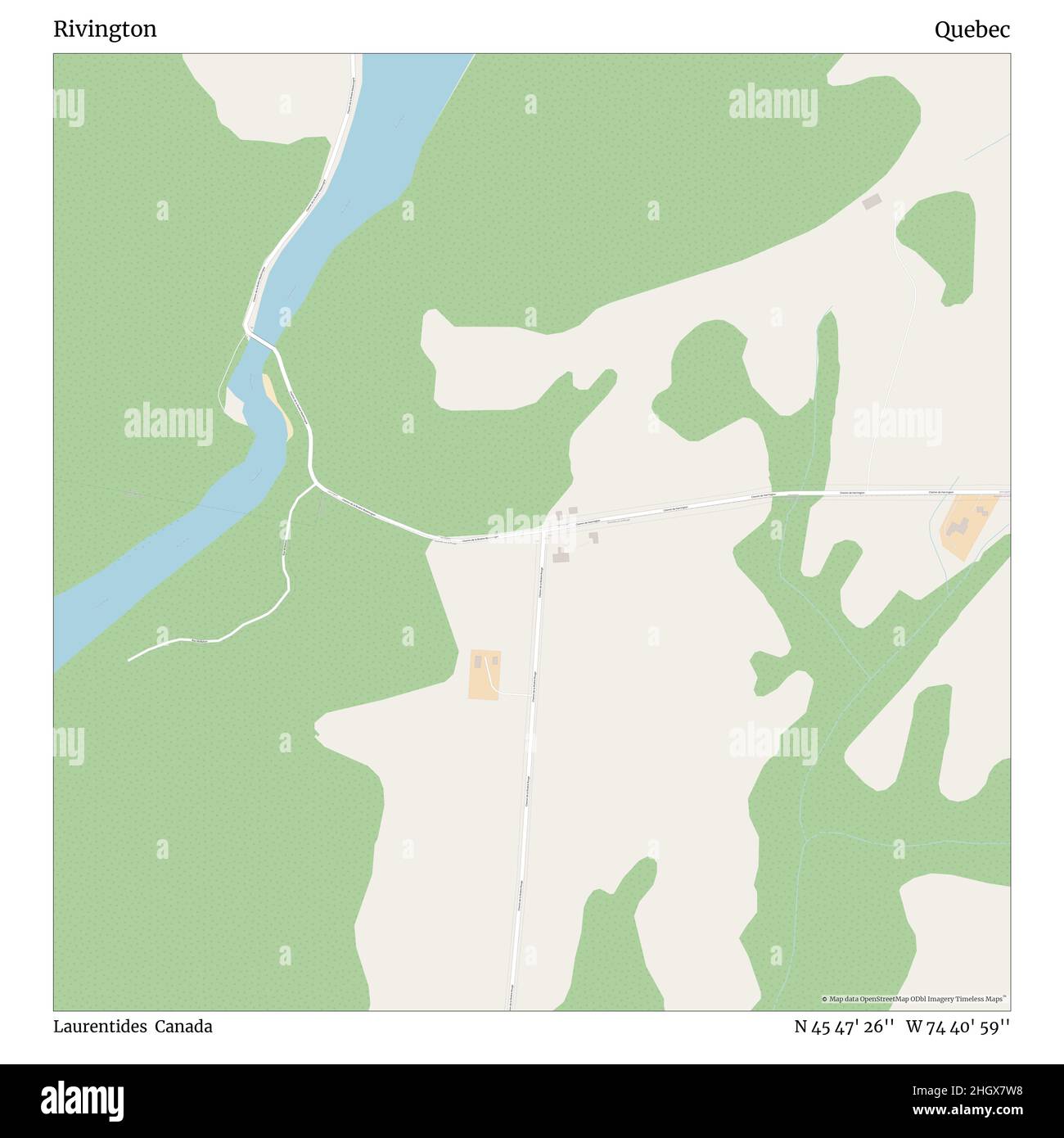 Rivington, Laurentides, Canada, Quebec, N 45 47' 26'', W 74 40' 59''', mappa, mappa senza tempo pubblicata nel 2021. Viaggiatori, esploratori e avventurieri come Florence Nightingale, David Livingstone, Ernest Shackleton, Lewis and Clark e Sherlock Holmes si sono affidati alle mappe per pianificare i viaggi verso gli angoli più remoti del mondo, Timeless Maps sta mappando la maggior parte delle località del mondo, mostrando il successo di grandi sogni Foto Stock