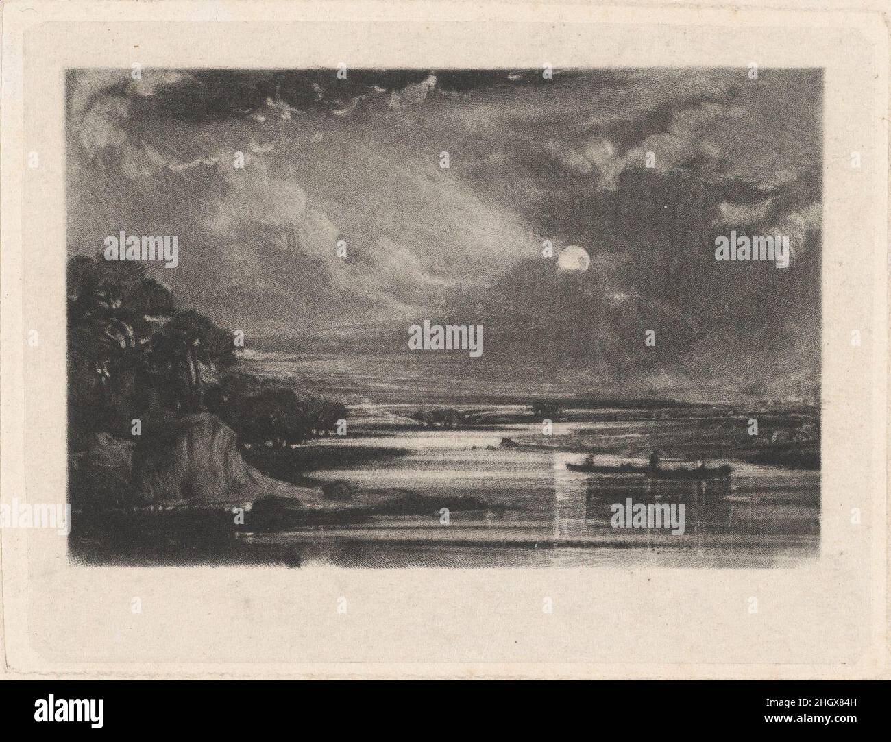 Approaching Storm, View on the Thames 1829 David Lucas British Vista di una tempesta che si avvicina sul Tamigi in Inghilterra rurale. Le nuvole quasi eclissano il sole, mentre le persone si siedono in una barca a remi sottostante.nel 1827, Constable iniziò a lavorare sul progetto che avrebbe occupato la sua attenzione fino alla sua morte sette anni dopo: La pubblicazione di una serie di stampe basate sui suoi dipinti che sarebbero in piedi come una sintesi dei suoi risultati. Il pittore ha collaborato strettamente con l'incisore David Lucas per creare stampe che illustrino l'intenzione didattica di Constable, per illustrare il 'chiaroscuro della natura'. Il m Foto Stock