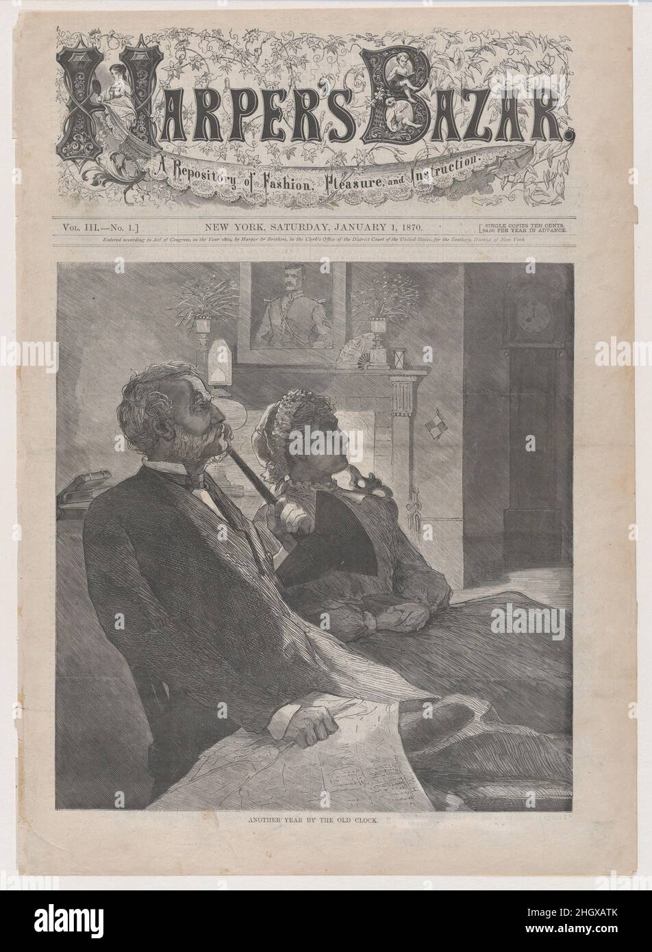 Un altro anno dal vecchio orologio (da 'Harper's Bazar,' Vol. III) 1 gennaio 1870 dopo Winslow Homer American. Un altro anno dal vecchio orologio (da 'Harper's Bazar', Vol. III). Dopo Winslow Homer (americano, Boston, Massachusetts 1836–1910 Prouts Neck, Maine). Gennaio 1, 1870. Incisione in legno. Harper & Brothers (americano, New York). Stampa Foto Stock