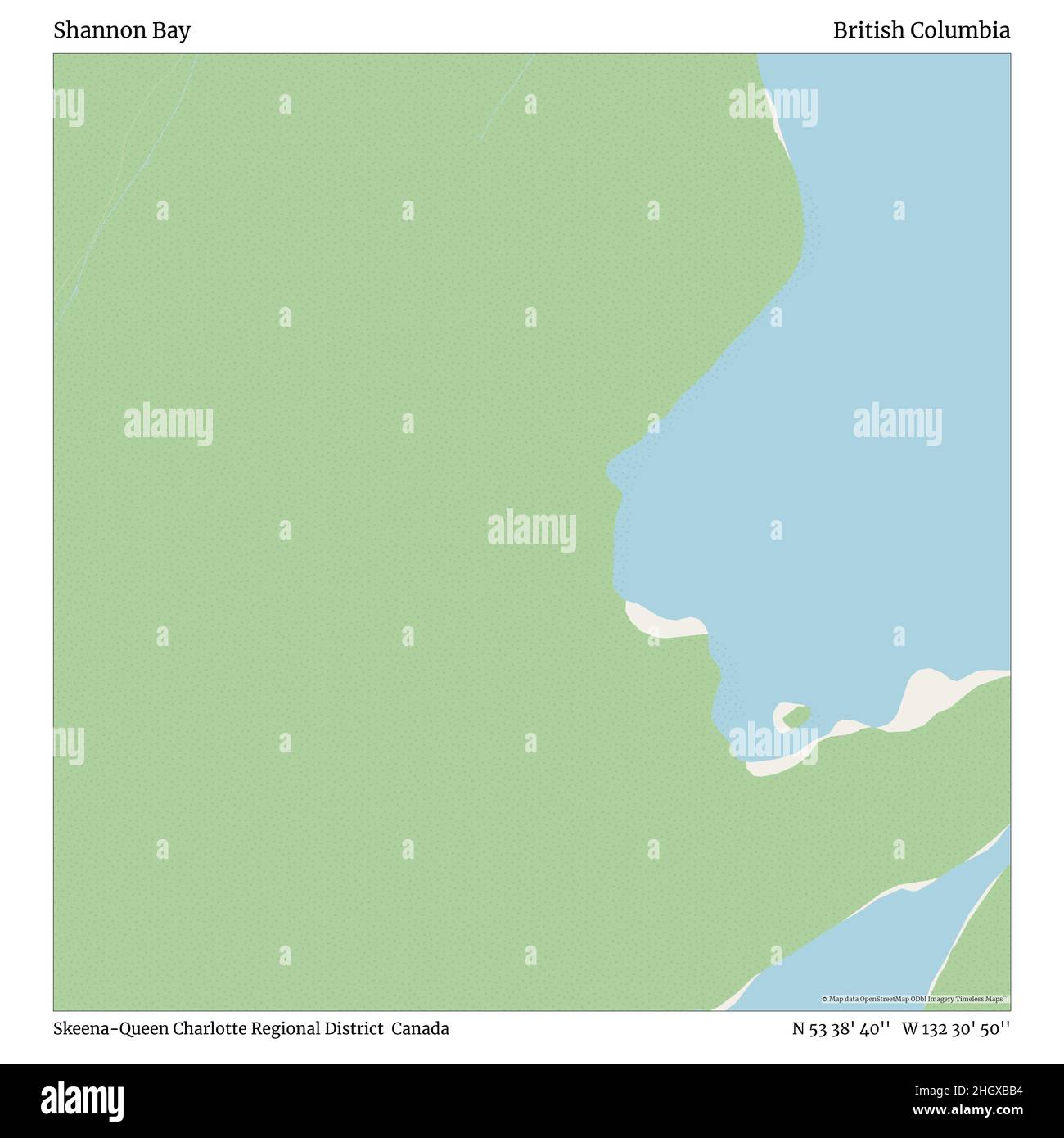 Shannon Bay, Skeena-Queen Charlotte Regional District, Canada, British Columbia, N 53 38' 40''', W 132 30' 50''', mappa, Mappa senza tempo pubblicata nel 2021. Viaggiatori, esploratori e avventurieri come Florence Nightingale, David Livingstone, Ernest Shackleton, Lewis and Clark e Sherlock Holmes si sono affidati alle mappe per pianificare i viaggi verso gli angoli più remoti del mondo, Timeless Maps sta mappando la maggior parte delle località del mondo, mostrando il successo di grandi sogni Foto Stock