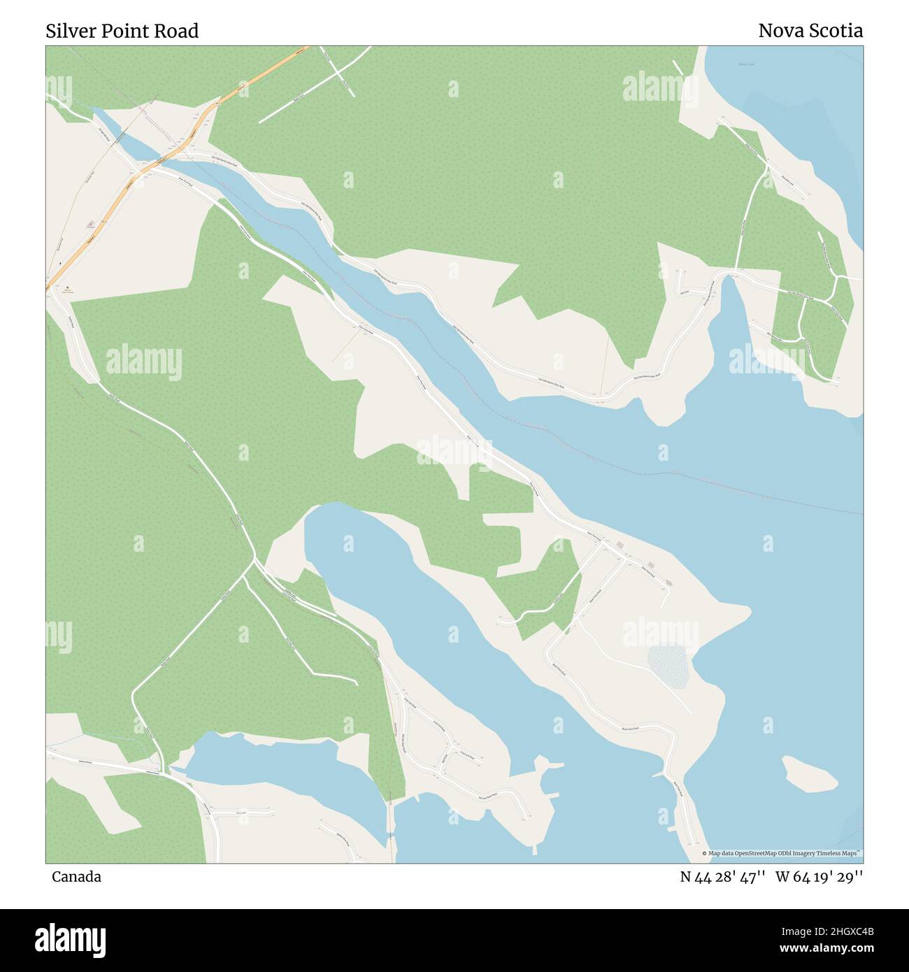 Silver Point Road, Canada, Nova Scotia, N 44 28' 47'', W 64 19' 29''', mappa, Mappa senza tempo pubblicata nel 2021. Viaggiatori, esploratori e avventurieri come Florence Nightingale, David Livingstone, Ernest Shackleton, Lewis and Clark e Sherlock Holmes si sono affidati alle mappe per pianificare i viaggi verso gli angoli più remoti del mondo, Timeless Maps sta mappando la maggior parte delle località del mondo, mostrando il successo di grandi sogni Foto Stock