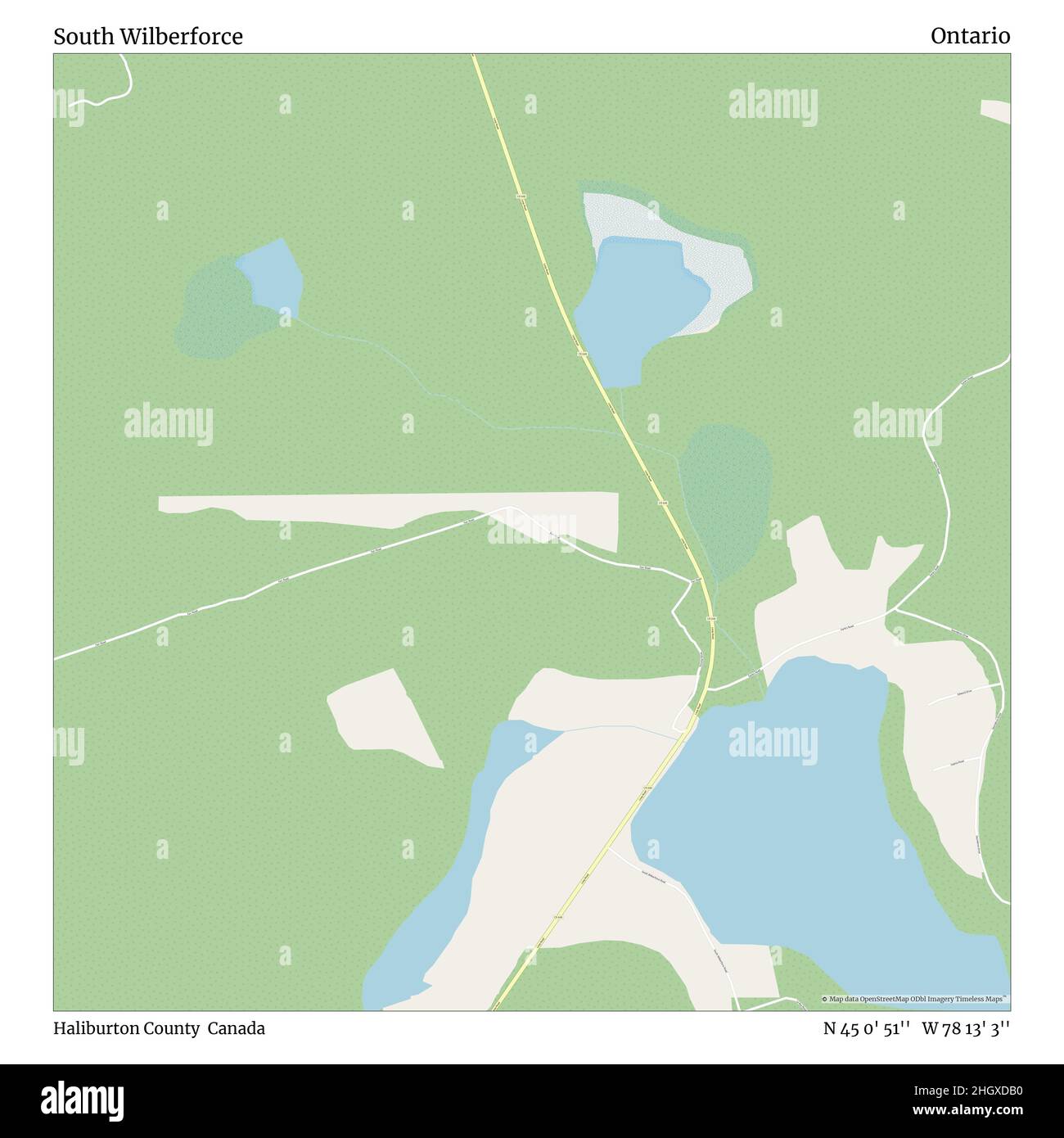 South Wilberforce, Haliburton County, Canada, Ontario, N 45 0' 51'', W 78 13' 3''', mappa, mappa senza tempo pubblicata nel 2021. Viaggiatori, esploratori e avventurieri come Florence Nightingale, David Livingstone, Ernest Shackleton, Lewis and Clark e Sherlock Holmes si sono affidati alle mappe per pianificare i viaggi verso gli angoli più remoti del mondo, Timeless Maps sta mappando la maggior parte delle località del mondo, mostrando il successo di grandi sogni Foto Stock