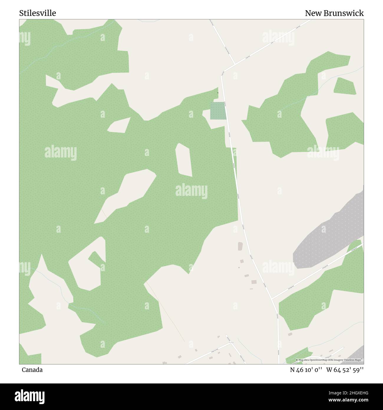 Stilesville, Canada, New Brunswick, N 46 10' 0'', W 64 52' 59''', mappa, mappa senza tempo pubblicata nel 2021. Viaggiatori, esploratori e avventurieri come Florence Nightingale, David Livingstone, Ernest Shackleton, Lewis and Clark e Sherlock Holmes si sono affidati alle mappe per pianificare i viaggi verso gli angoli più remoti del mondo, Timeless Maps sta mappando la maggior parte delle località del mondo, mostrando il successo di grandi sogni Foto Stock