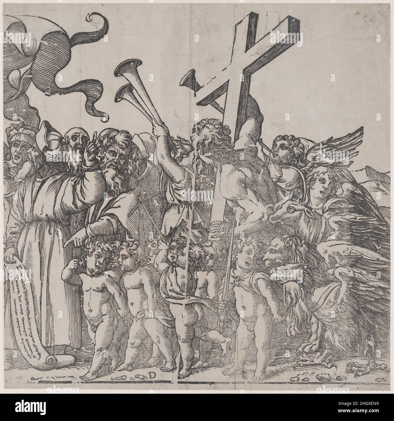 Sezione D: Angeli che suonano trombe ecc, dal Trionfo di Cristo 1836 Andrea Andreani italiano. Sezione D: Angeli che suonano trombe ecc, dal Trionfo di Cristo. Andrea Andreani (italiano, Mantova 1558/1559–1629). 1836. Copia litografica di un taglio di legno. Callisto Ferranti (Roma attiva, 1626–47). Stampa Foto Stock