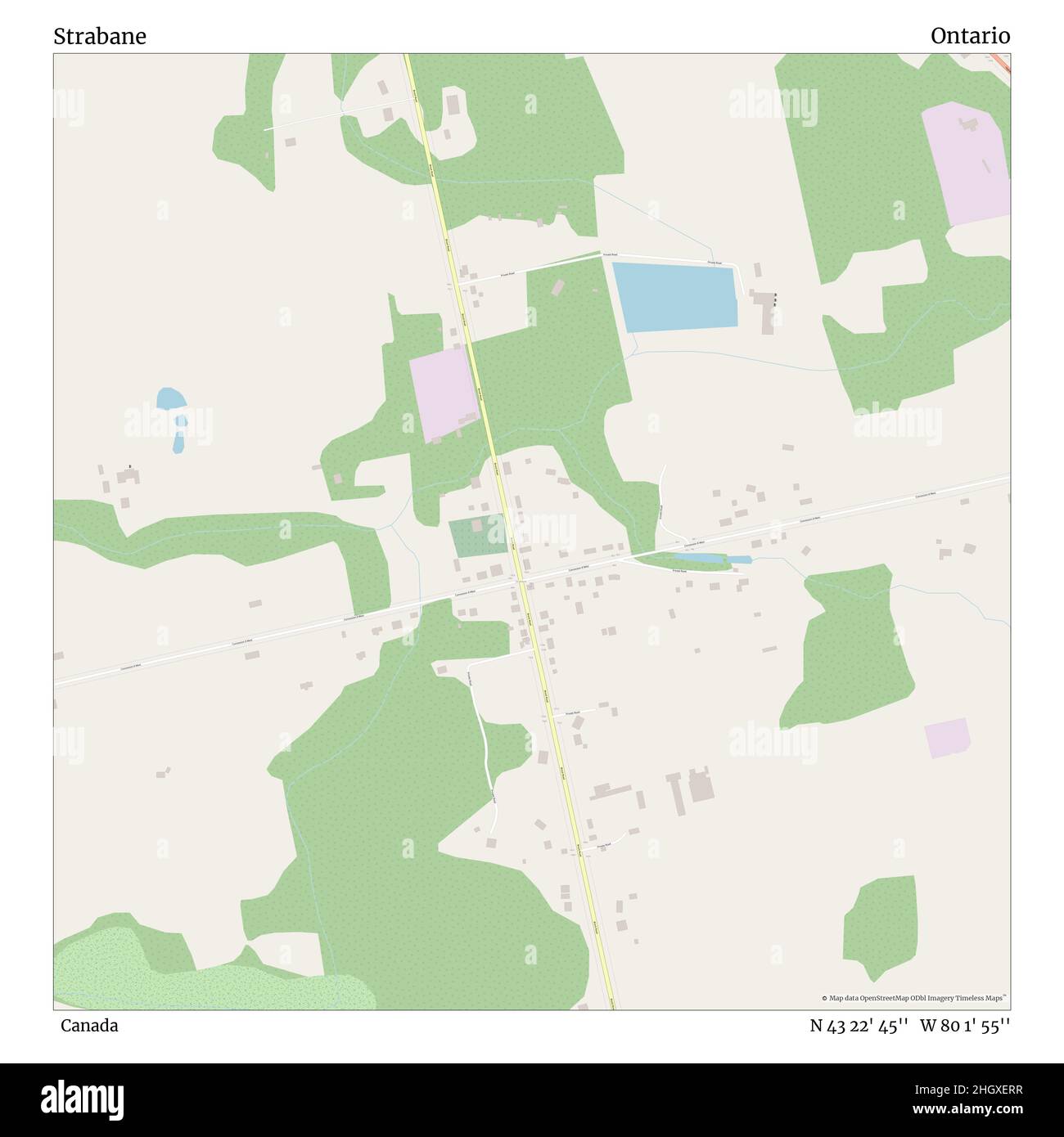 Strabane, Canada, Ontario, N 43 22' 45'', W 80 1' 55'', mappa, Mappa senza tempo pubblicata nel 2021. Viaggiatori, esploratori e avventurieri come Florence Nightingale, David Livingstone, Ernest Shackleton, Lewis and Clark e Sherlock Holmes si sono affidati alle mappe per pianificare i viaggi verso gli angoli più remoti del mondo, Timeless Maps sta mappando la maggior parte delle località del mondo, mostrando il successo di grandi sogni Foto Stock