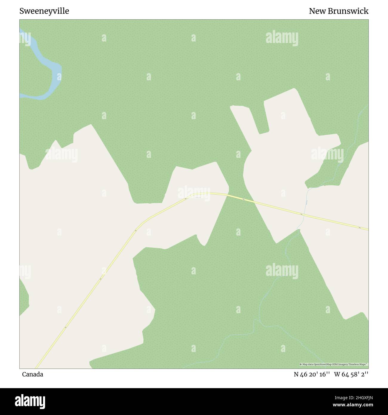 Sweeneyville, Canada, New Brunswick, N 46 20' 16'', W 64 58' 2''', mappa, mappa senza tempo pubblicata nel 2021. Viaggiatori, esploratori e avventurieri come Florence Nightingale, David Livingstone, Ernest Shackleton, Lewis and Clark e Sherlock Holmes si sono affidati alle mappe per pianificare i viaggi verso gli angoli più remoti del mondo, Timeless Maps sta mappando la maggior parte delle località del mondo, mostrando il successo di grandi sogni Foto Stock