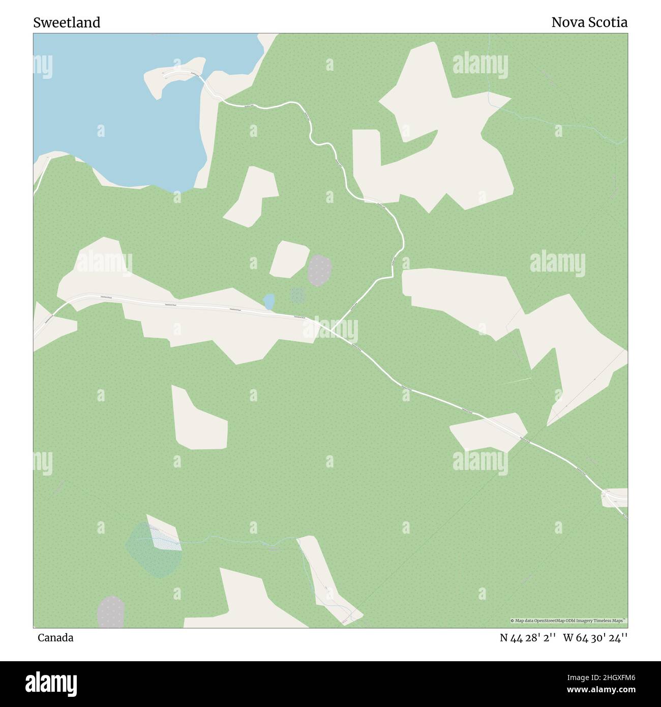 Sweetland, Canada, Nuova Scozia, N 44 28' 2'', W 64 30' 24'', mappa, mappa senza tempo pubblicata nel 2021. Viaggiatori, esploratori e avventurieri come Florence Nightingale, David Livingstone, Ernest Shackleton, Lewis and Clark e Sherlock Holmes si sono affidati alle mappe per pianificare i viaggi verso gli angoli più remoti del mondo, Timeless Maps sta mappando la maggior parte delle località del mondo, mostrando il successo di grandi sogni Foto Stock