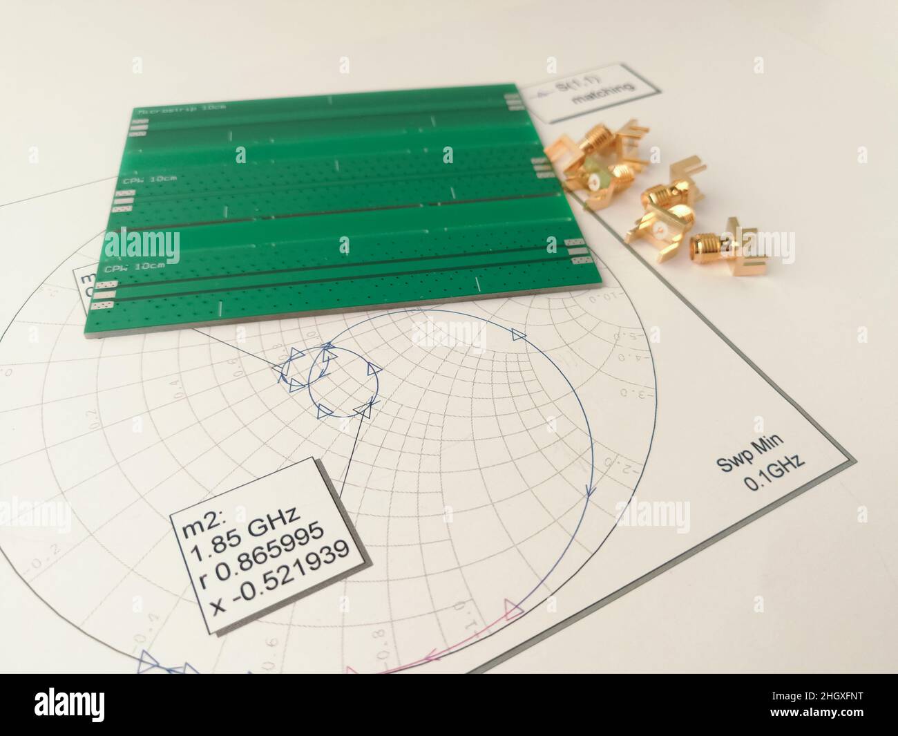 Circuito di trasmissione a radiofrequenza e circuito stampato a microonde PCB di fronte al grafico Smith Foto Stock