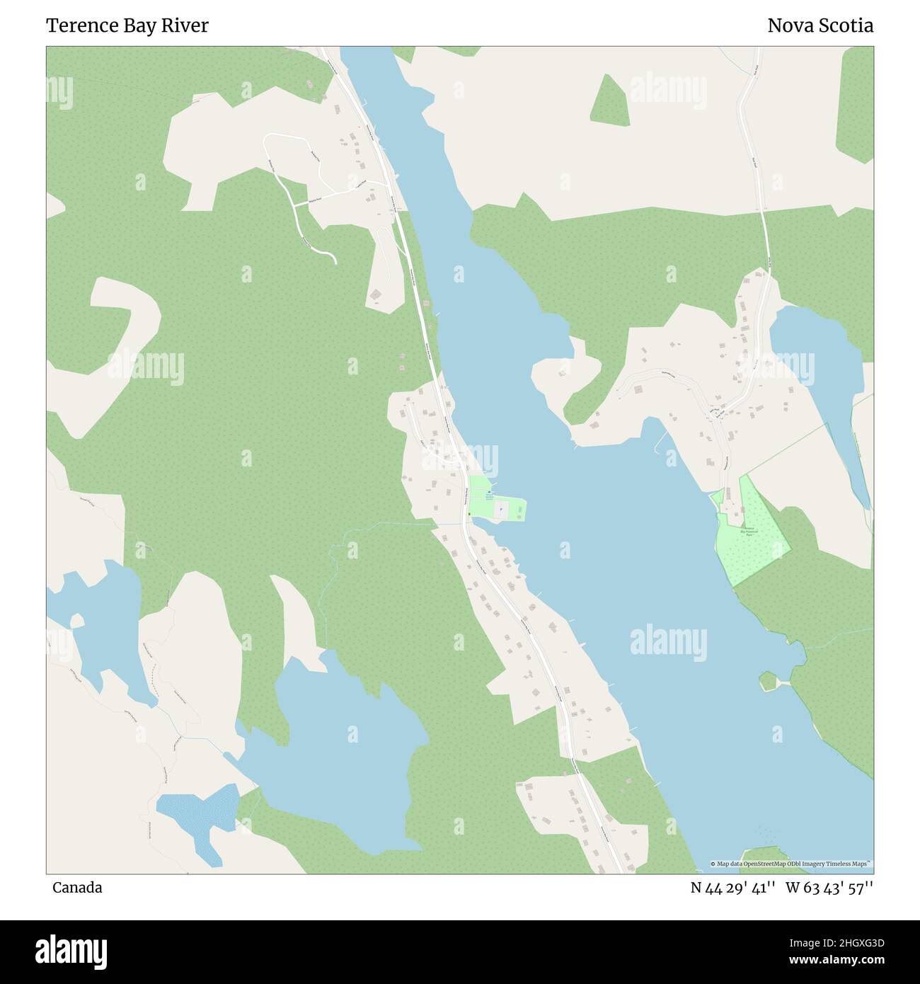 Terence Bay River, Canada, Nova Scotia, N 44 29' 41'', W 63 43' 57''', mappa, mappa senza tempo pubblicata nel 2021. Viaggiatori, esploratori e avventurieri come Florence Nightingale, David Livingstone, Ernest Shackleton, Lewis and Clark e Sherlock Holmes si sono affidati alle mappe per pianificare i viaggi verso gli angoli più remoti del mondo, Timeless Maps sta mappando la maggior parte delle località del mondo, mostrando il successo di grandi sogni Foto Stock