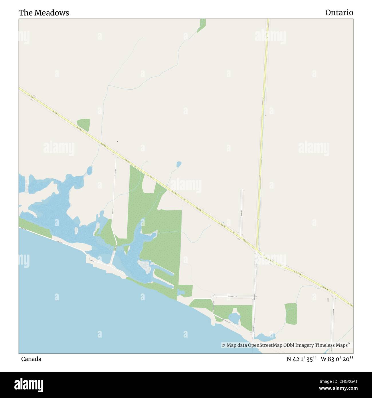 The Meadows, Canada, Ontario, N 42 1' 35'', W 83 0' 20'', mappa, mappa senza tempo pubblicata nel 2021. Viaggiatori, esploratori e avventurieri come Florence Nightingale, David Livingstone, Ernest Shackleton, Lewis and Clark e Sherlock Holmes si sono affidati alle mappe per pianificare i viaggi verso gli angoli più remoti del mondo, Timeless Maps sta mappando la maggior parte delle località del mondo, mostrando il successo di grandi sogni Foto Stock