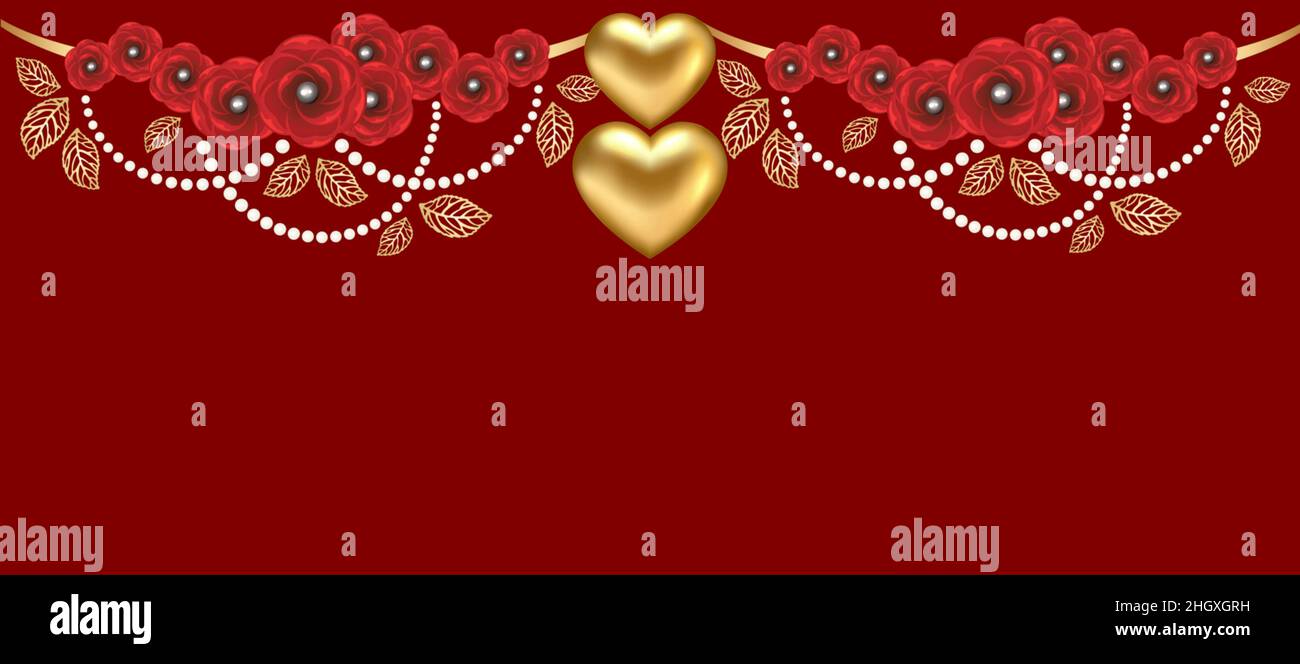 Sfondo di San Valentino con cuori, rose rosse e petali Foto Stock