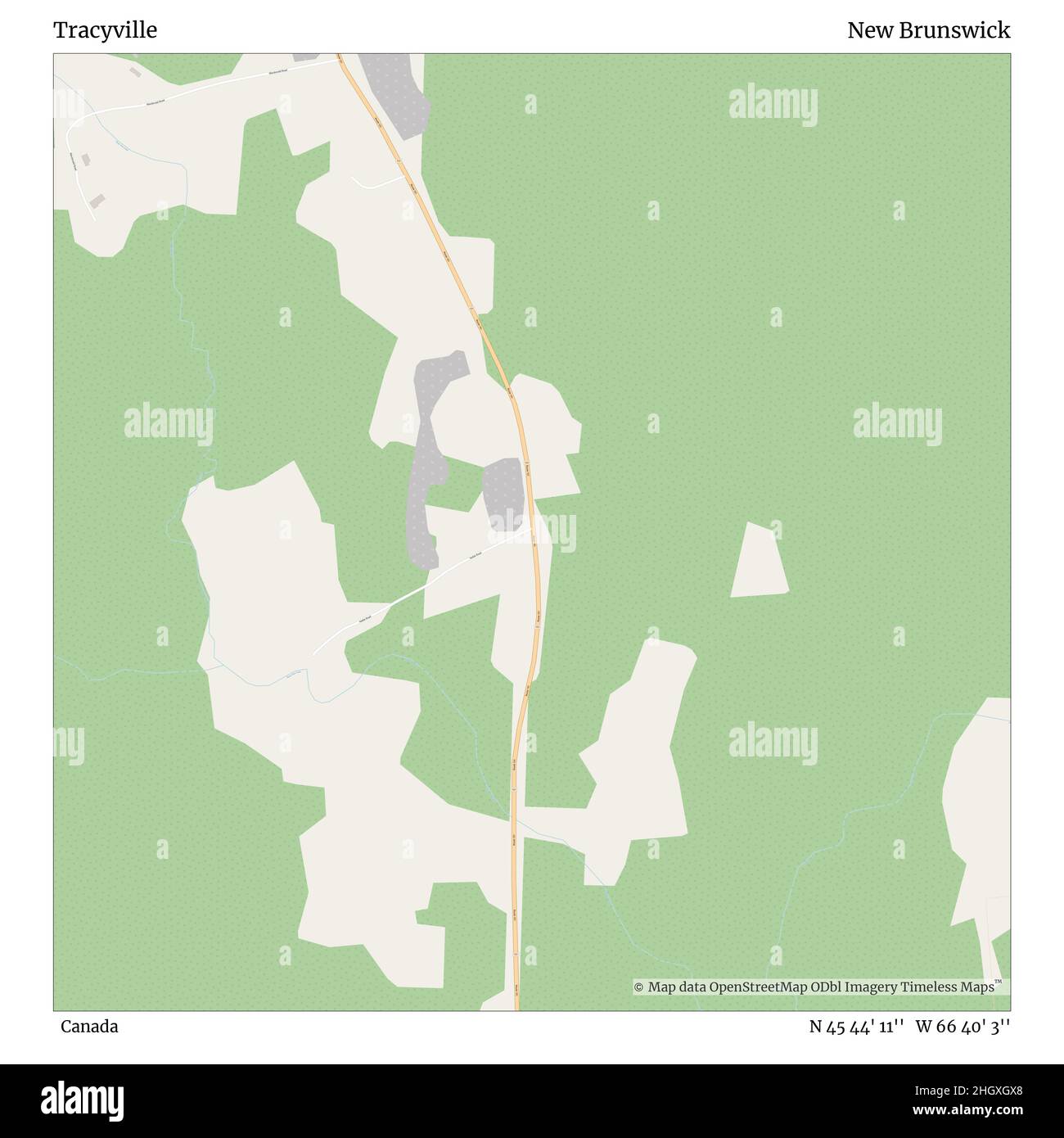 Tracyville, Canada, New Brunswick, N 45 44' 11'', W 66 40' 3'', mappa, mappa senza tempo pubblicata nel 2021. Viaggiatori, esploratori e avventurieri come Florence Nightingale, David Livingstone, Ernest Shackleton, Lewis and Clark e Sherlock Holmes si sono affidati alle mappe per pianificare i viaggi verso gli angoli più remoti del mondo, Timeless Maps sta mappando la maggior parte delle località del mondo, mostrando il successo di grandi sogni Foto Stock