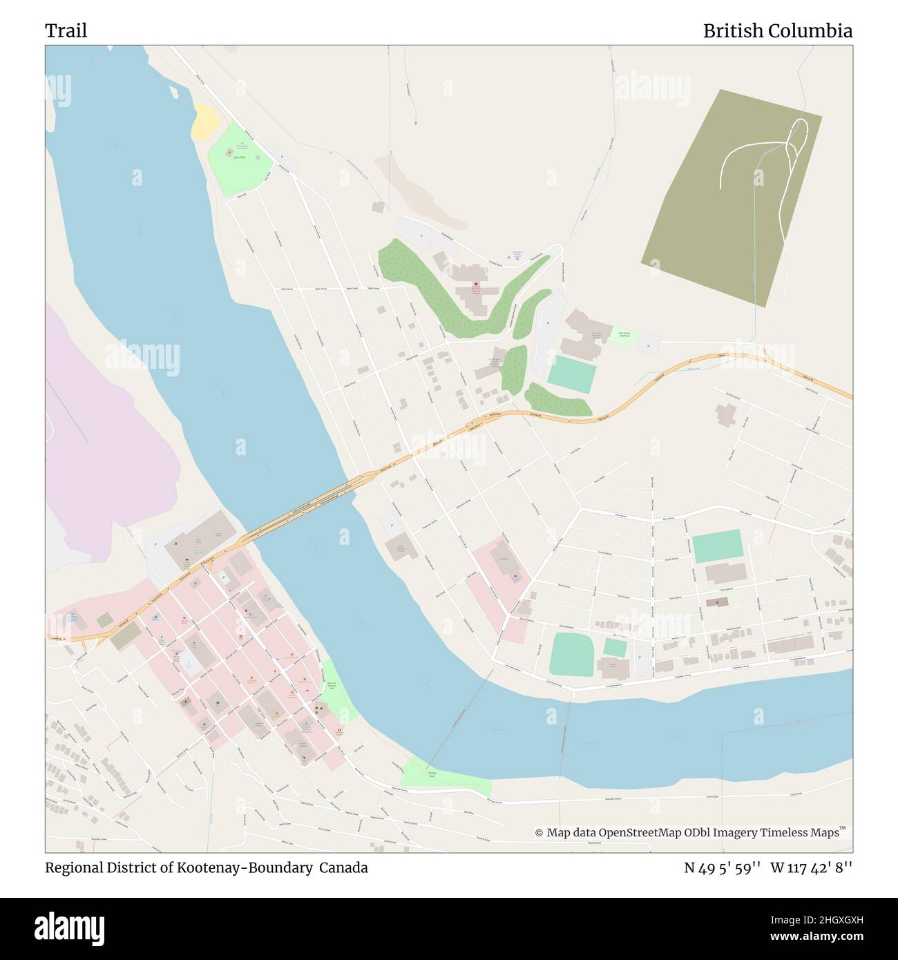 Trail, Regional District of Kootenay-Boundary, Canada, British Columbia, N 49 5' 59''', W 117 42' 8''', map, Timeless Map Published in 2021. Viaggiatori, esploratori e avventurieri come Florence Nightingale, David Livingstone, Ernest Shackleton, Lewis and Clark e Sherlock Holmes si sono affidati alle mappe per pianificare i viaggi verso gli angoli più remoti del mondo, Timeless Maps sta mappando la maggior parte delle località del mondo, mostrando il successo di grandi sogni Foto Stock