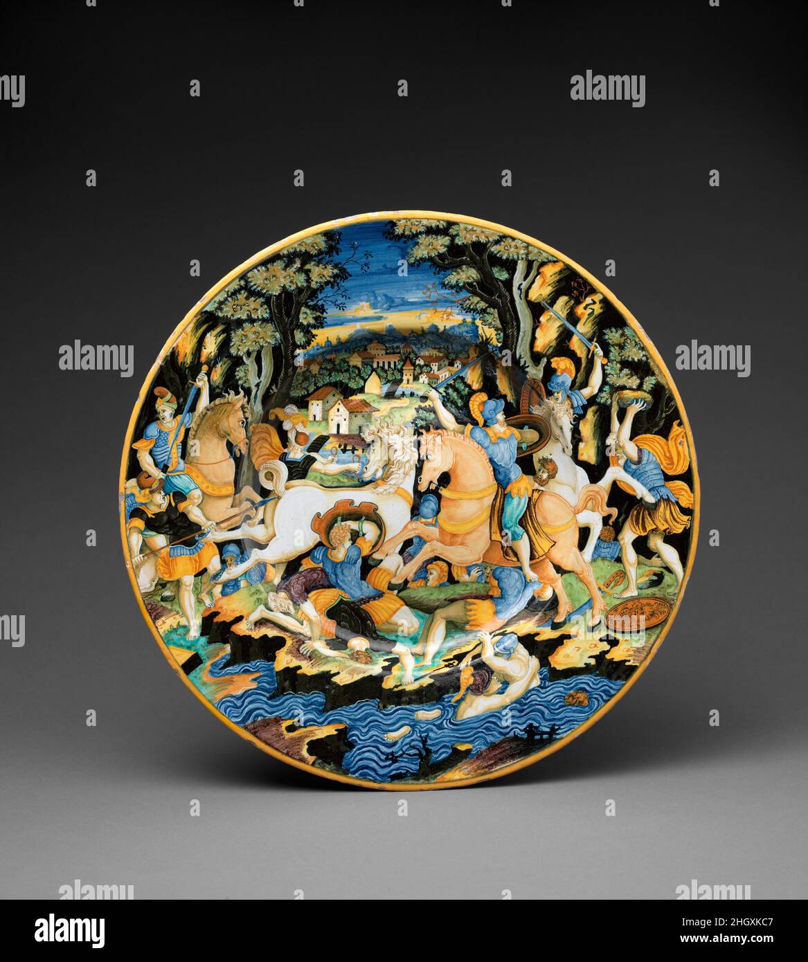 Piatto con scena di battaglia ca. 1540–45 Pittore del servizio miniera di carbone. Piatto con scena di battaglia. Dopo un'incisione di Marco dente (italiano, Ravenna, attivo da Roma 1515-defunto nel 1527). Italiano, Urbino. Ca. 1540–45. Maiolica (terracotta stagnata). Ceramica-ceramica Foto Stock