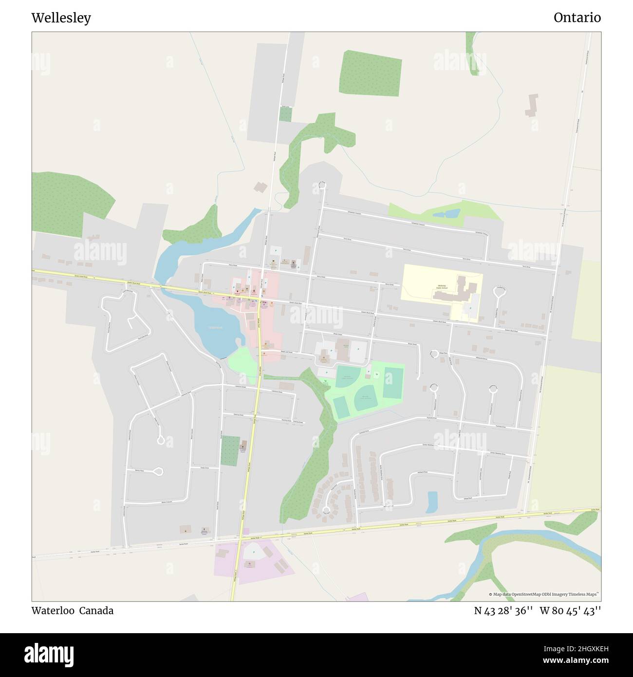 Wellesley, Waterloo, Canada, Ontario, N 43 28' 36'', W 80 45' 43''', mappa, mappa senza tempo pubblicata nel 2021. Viaggiatori, esploratori e avventurieri come Florence Nightingale, David Livingstone, Ernest Shackleton, Lewis and Clark e Sherlock Holmes si sono affidati alle mappe per pianificare i viaggi verso gli angoli più remoti del mondo, Timeless Maps sta mappando la maggior parte delle località del mondo, mostrando il successo di grandi sogni Foto Stock