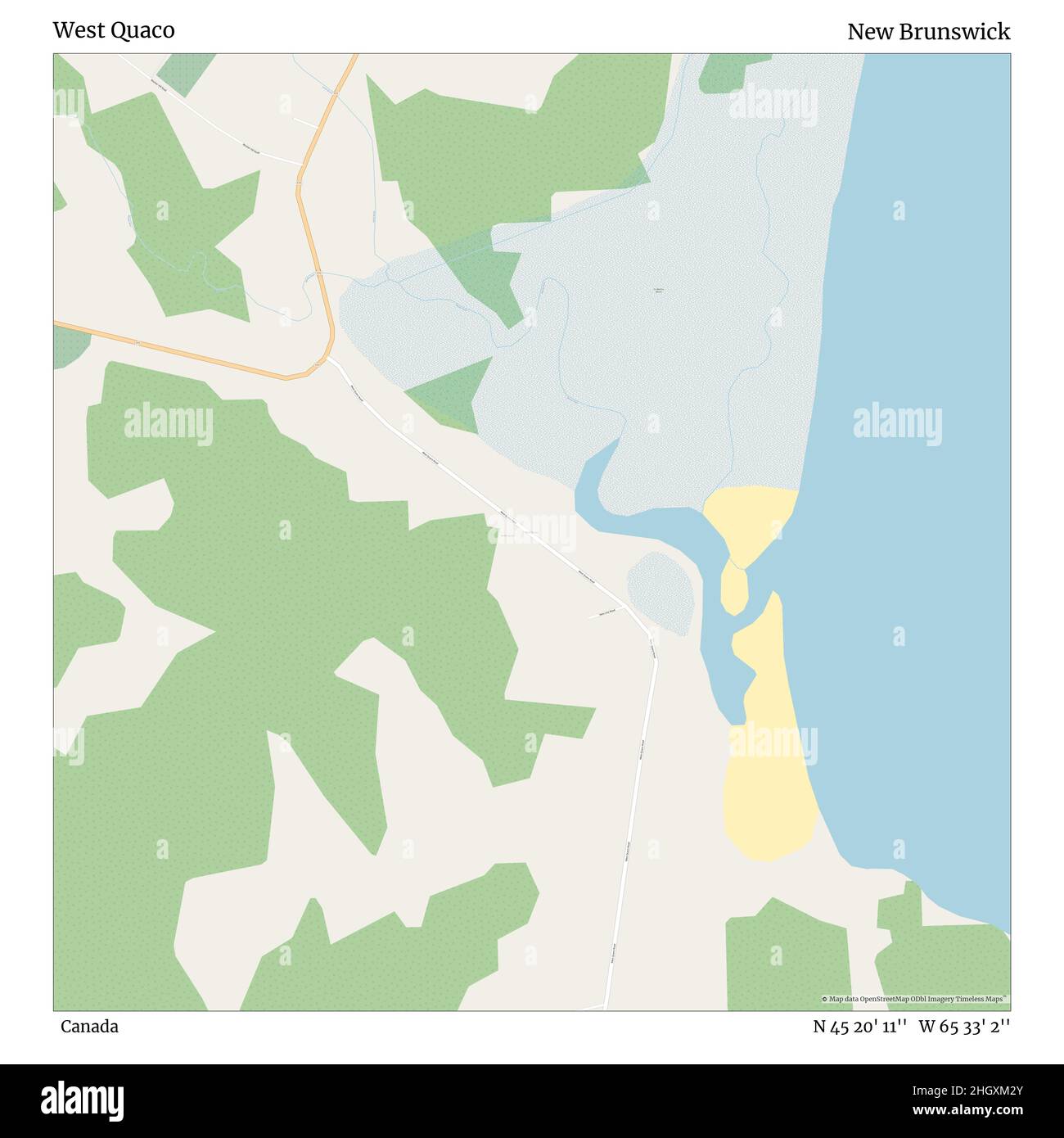 West Quaco, Canada, New Brunswick, N 45 20' 11'', W 65 33' 2'', mappa, mappa senza tempo pubblicata nel 2021. Viaggiatori, esploratori e avventurieri come Florence Nightingale, David Livingstone, Ernest Shackleton, Lewis and Clark e Sherlock Holmes si sono affidati alle mappe per pianificare i viaggi verso gli angoli più remoti del mondo, Timeless Maps sta mappando la maggior parte delle località del mondo, mostrando il successo di grandi sogni Foto Stock