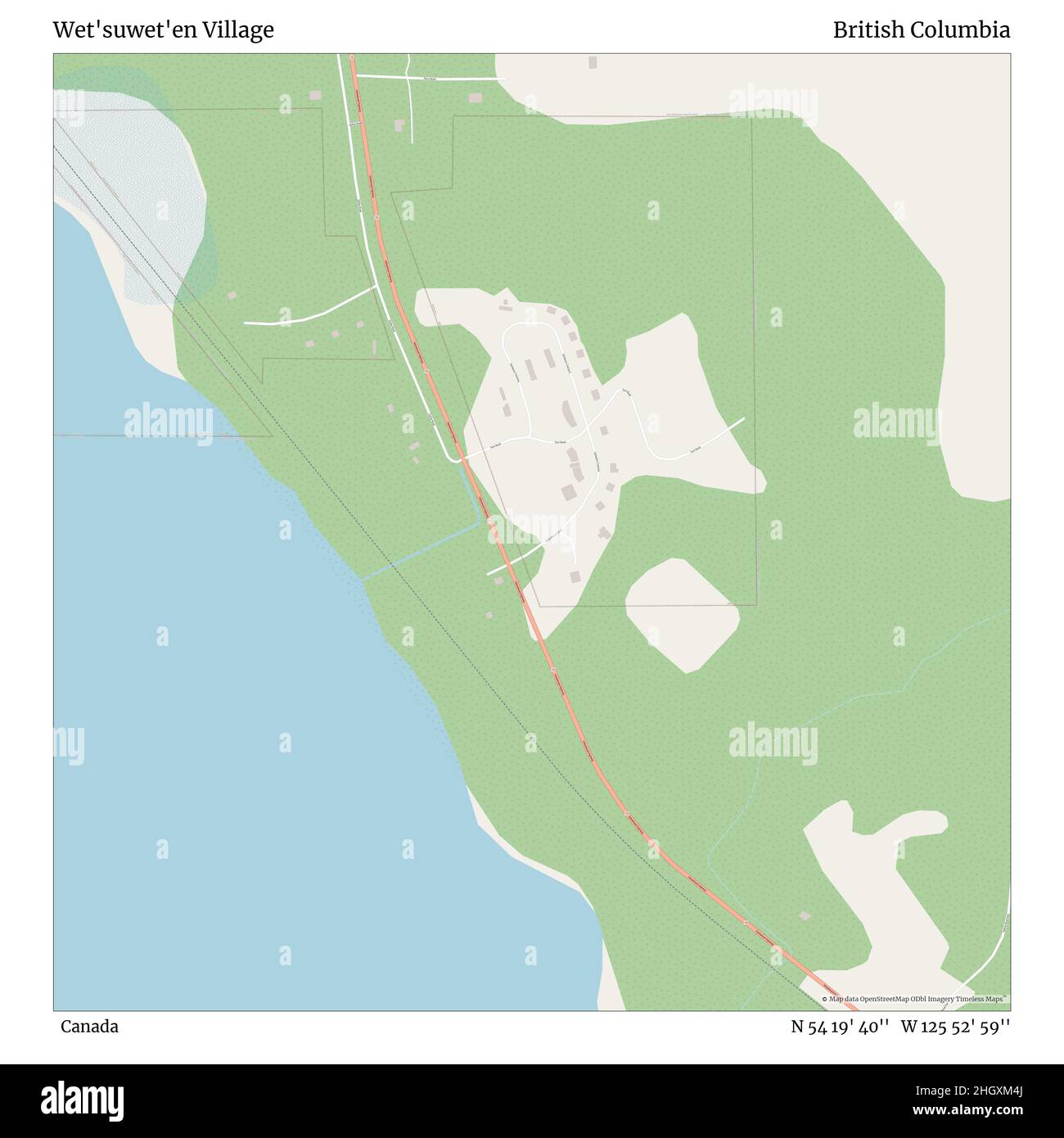 Wet'suwet'en Village, Canada, British Columbia, N 54 19' 40'', W 125 52' 59''', mappa, mappa senza tempo pubblicata nel 2021. Viaggiatori, esploratori e avventurieri come Florence Nightingale, David Livingstone, Ernest Shackleton, Lewis and Clark e Sherlock Holmes si sono affidati alle mappe per pianificare i viaggi verso gli angoli più remoti del mondo, Timeless Maps sta mappando la maggior parte delle località del mondo, mostrando il successo di grandi sogni Foto Stock