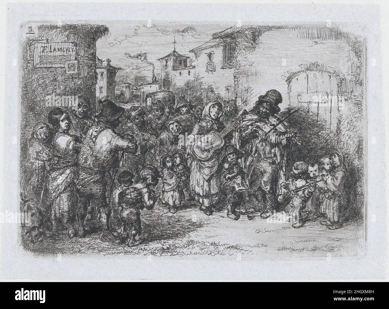 Piatto 3: Un gruppo di musicisti di strada, dalla serie di usanze e passatempi del popolo spagnolo 1850 Francisco Lameyer y Berenguer. Piatto 3: Un gruppo di musicisti di strada, dalla serie di usanze e passatempi del popolo spagnolo. Francisco Lameyer y Berenguer (spagnolo, 1825–1877). 1850. Acquaforte. Stampa Foto Stock