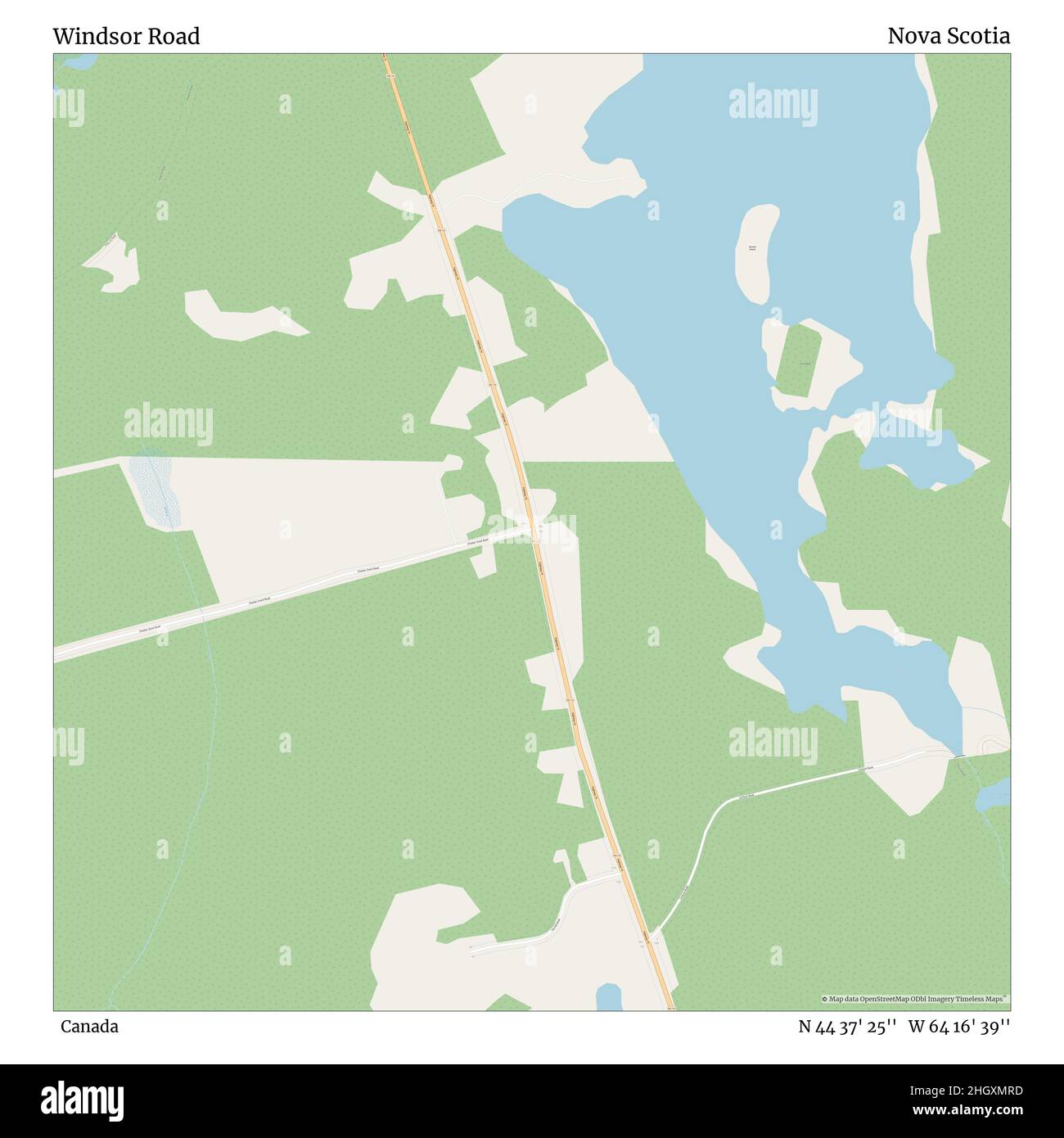 Windsor Road, Canada, Nova Scotia, N 44 37' 25'', W 64 16' 39''', mappa, Mappa senza tempo pubblicata nel 2021. Viaggiatori, esploratori e avventurieri come Florence Nightingale, David Livingstone, Ernest Shackleton, Lewis and Clark e Sherlock Holmes si sono affidati alle mappe per pianificare i viaggi verso gli angoli più remoti del mondo, Timeless Maps sta mappando la maggior parte delle località del mondo, mostrando il successo di grandi sogni Foto Stock