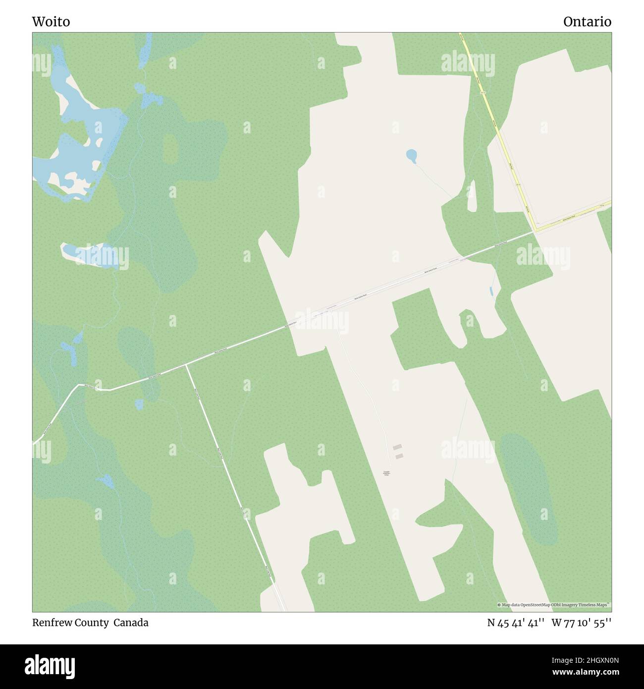 Woito, Renfrew County, Canada, Ontario, N 45 41' 41'', W 77 10' 55''', mappa, mappa senza tempo pubblicata nel 2021. Viaggiatori, esploratori e avventurieri come Florence Nightingale, David Livingstone, Ernest Shackleton, Lewis and Clark e Sherlock Holmes si sono affidati alle mappe per pianificare i viaggi verso gli angoli più remoti del mondo, Timeless Maps sta mappando la maggior parte delle località del mondo, mostrando il successo di grandi sogni Foto Stock