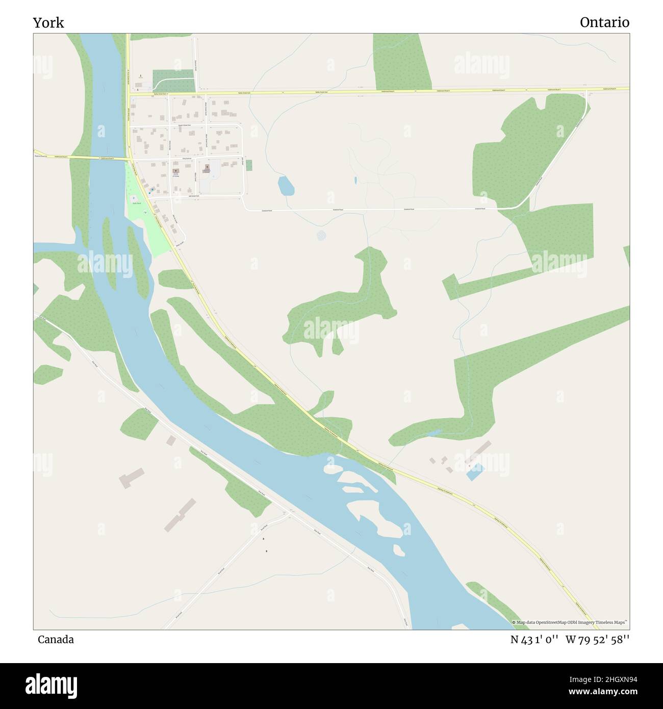 York, Canada, Ontario, N 43 1' 0''', W 79 52' 58''', mappa, Mappa senza tempo pubblicata nel 2021. Viaggiatori, esploratori e avventurieri come Florence Nightingale, David Livingstone, Ernest Shackleton, Lewis and Clark e Sherlock Holmes si sono affidati alle mappe per pianificare i viaggi verso gli angoli più remoti del mondo, Timeless Maps sta mappando la maggior parte delle località del mondo, mostrando il successo di grandi sogni Foto Stock