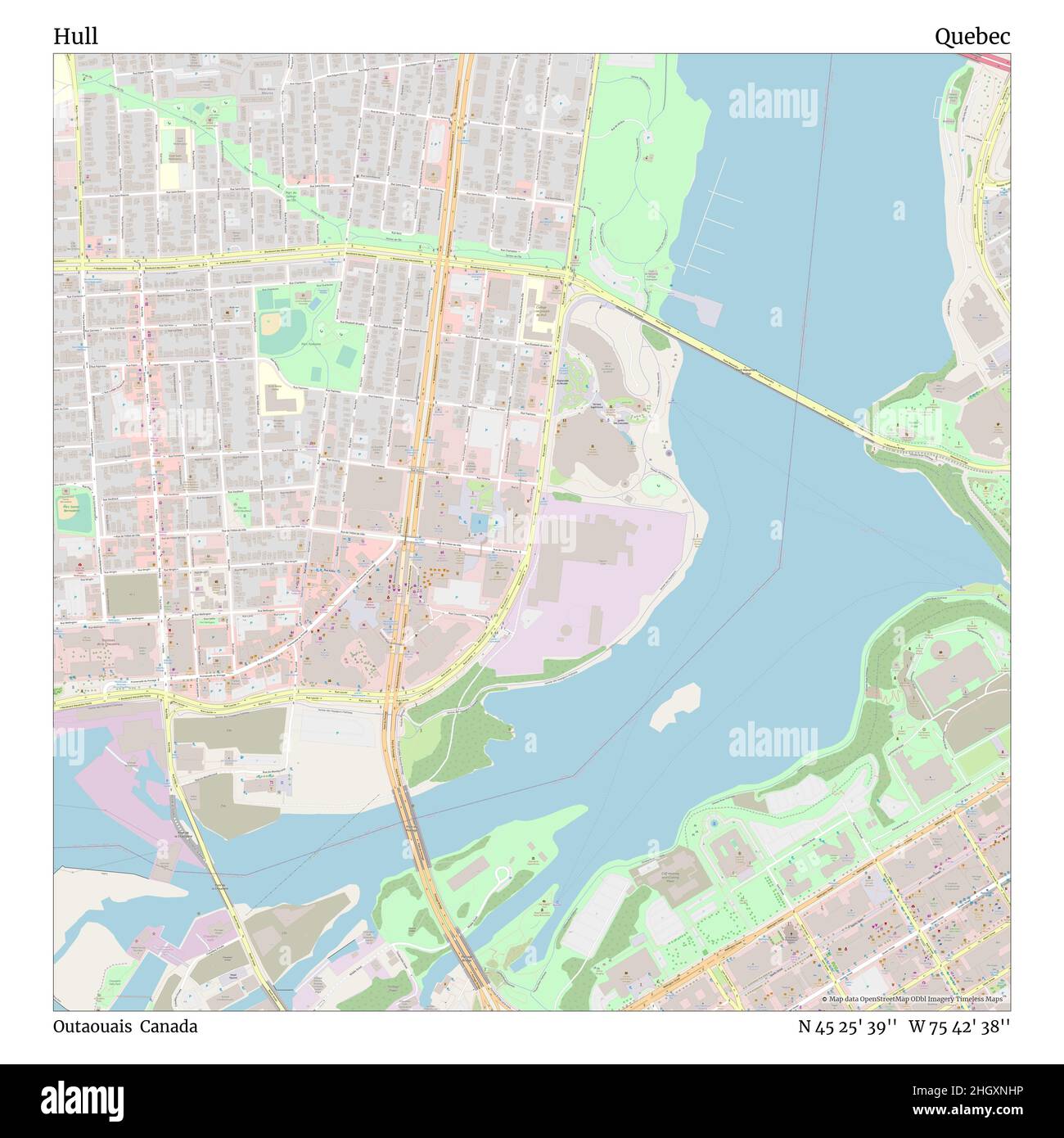 Hull, Outaouais, Canada, Quebec, N 45 25' 39'', W 75 42' 38''', mappa, mappa senza tempo pubblicata nel 2021. Viaggiatori, esploratori e avventurieri come Florence Nightingale, David Livingstone, Ernest Shackleton, Lewis and Clark e Sherlock Holmes si sono affidati alle mappe per pianificare i viaggi verso gli angoli più remoti del mondo, Timeless Maps sta mappando la maggior parte delle località del mondo, mostrando il successo di grandi sogni Foto Stock