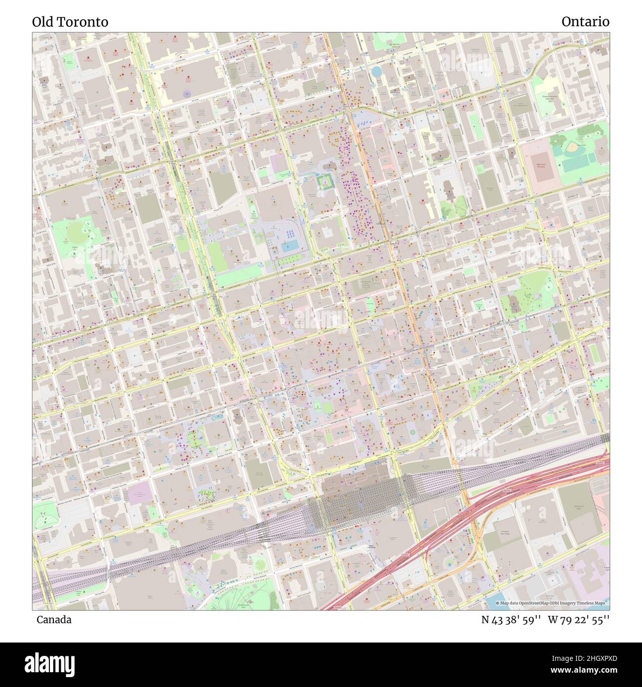 Old Toronto, Canada, Ontario, N 43 38' 59''', W 79 22' 55''', mappa, Mappa senza tempo pubblicata nel 2021. Viaggiatori, esploratori e avventurieri come Florence Nightingale, David Livingstone, Ernest Shackleton, Lewis and Clark e Sherlock Holmes si sono affidati alle mappe per pianificare i viaggi verso gli angoli più remoti del mondo, Timeless Maps sta mappando la maggior parte delle località del mondo, mostrando il successo di grandi sogni Foto Stock