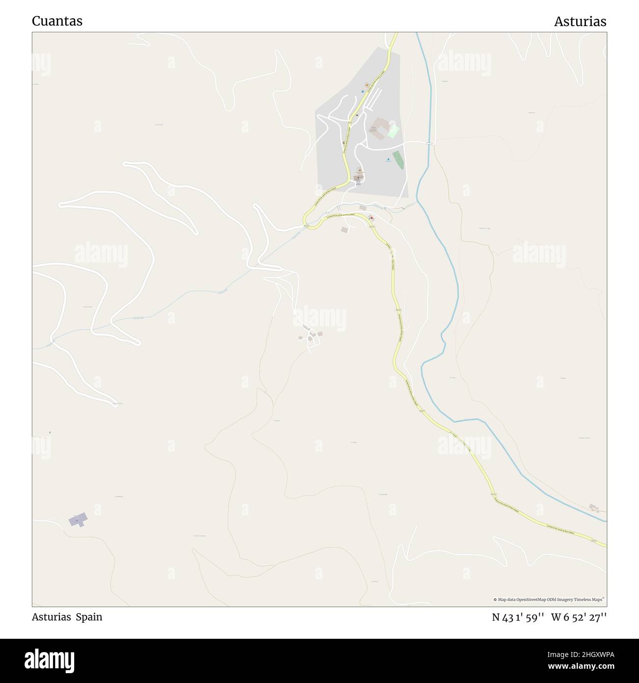 Cuantas, Asturie, Spagna, Asturie, N 43 1' 59'', W 6 52' 27''', mappa, mappa senza tempo pubblicata nel 2021. Viaggiatori, esploratori e avventurieri come Florence Nightingale, David Livingstone, Ernest Shackleton, Lewis and Clark e Sherlock Holmes si sono affidati alle mappe per pianificare i viaggi verso gli angoli più remoti del mondo, Timeless Maps sta mappando la maggior parte delle località del mondo, mostrando il successo di grandi sogni Foto Stock