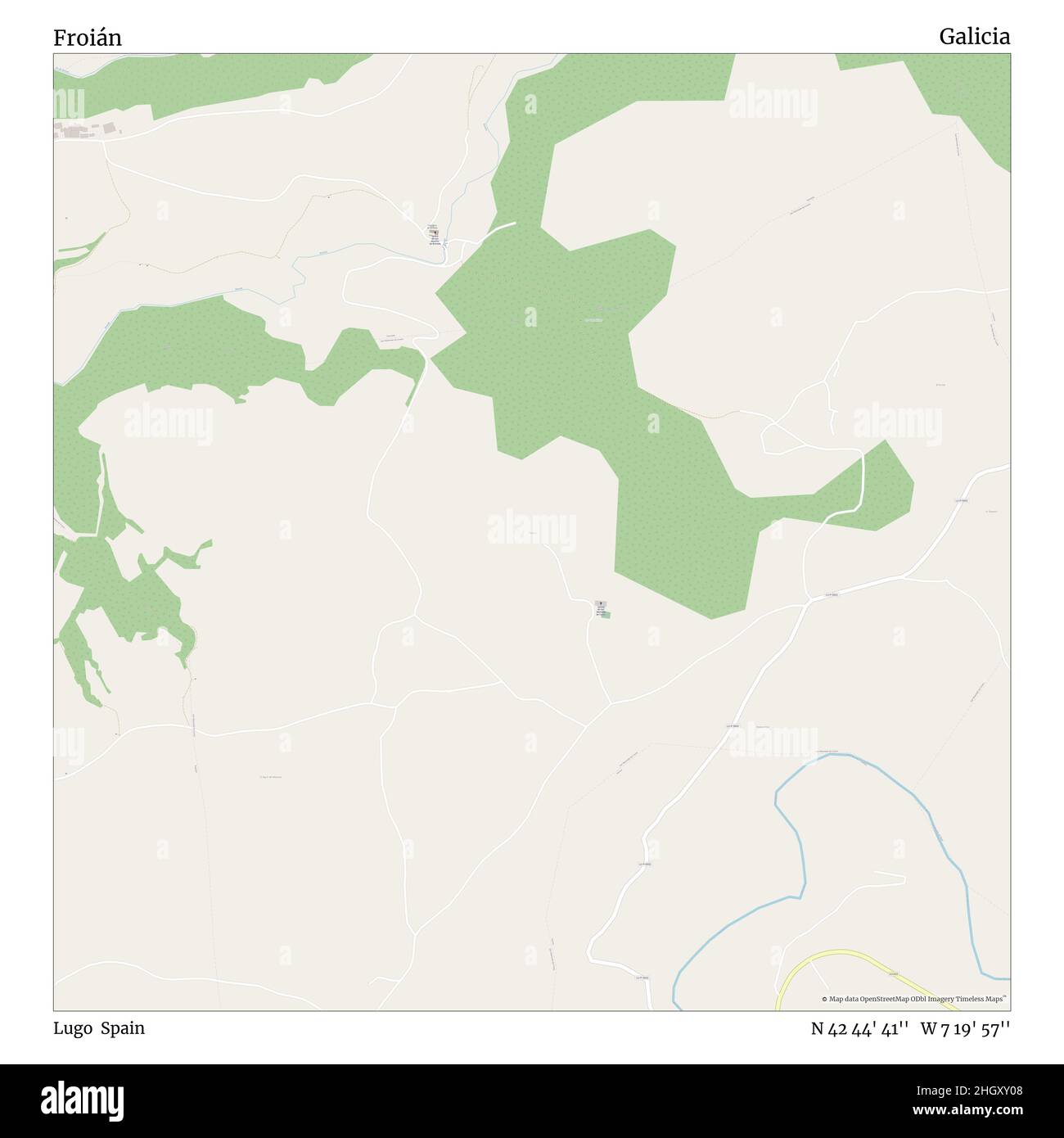 Froián, Lugo, Spagna, Galizia, N 42 44' 41'', W 7 19' 57''', mappa, mappa senza tempo pubblicata nel 2021. Viaggiatori, esploratori e avventurieri come Florence Nightingale, David Livingstone, Ernest Shackleton, Lewis and Clark e Sherlock Holmes si sono affidati alle mappe per pianificare i viaggi verso gli angoli più remoti del mondo, Timeless Maps sta mappando la maggior parte delle località del mondo, mostrando il successo di grandi sogni Foto Stock