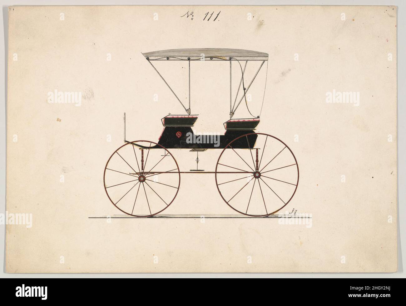 Design per carro, n. 111 ca. 1850 Brewster & Co. American Brewster & Company HistoryEtablished in 1810 da James Brewster (1788–1866) a New Haven, Connecticut, Brewster & Company, specializzato nella fabbricazione di carrozze fini. Il fondatore aprì uno showroom di New York nel 1827 a 53-54 Broad Street, e l'azienda fiorì sotto generazioni di leadership familiare. L'espansione ha richiesto mosse intorno a Lower Manhattan, con i cambiamenti di nome che riflettono i cambiamenti di gestione: James Brewster & Sons operò a 25 Canal Street, James Brewster Sons a 396 Broadway, e Brewster di Broome Street era basato Foto Stock