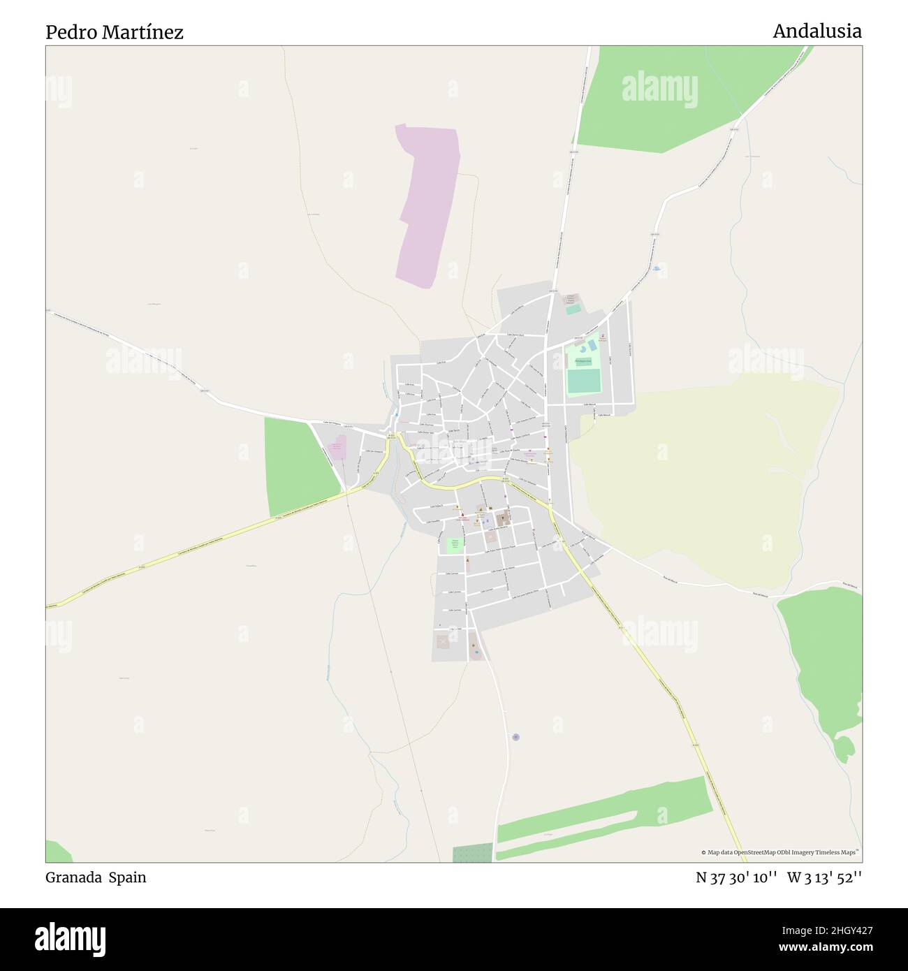 Pedro Martínez, Granada, Spagna, Andalusia, N 37 30' 10'', W 3 13' 52'', mappa, mappa senza tempo pubblicata nel 2021. Viaggiatori, esploratori e avventurieri come Florence Nightingale, David Livingstone, Ernest Shackleton, Lewis and Clark e Sherlock Holmes si sono affidati alle mappe per pianificare i viaggi verso gli angoli più remoti del mondo, Timeless Maps sta mappando la maggior parte delle località del mondo, mostrando il successo di grandi sogni Foto Stock