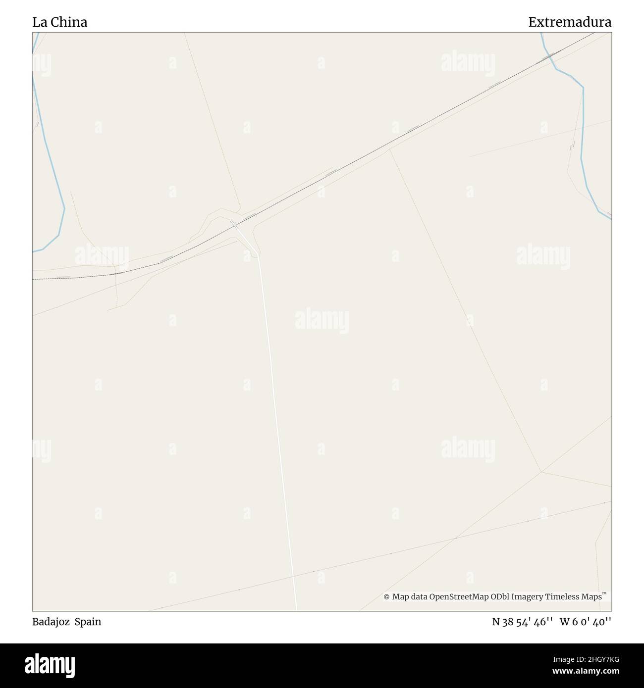 La Cina, Badajoz, Spagna, Estremadura, N 38 54' 46''', W 6 0' 40''', mappa, Mappa senza tempo pubblicata nel 2021. Viaggiatori, esploratori e avventurieri come Florence Nightingale, David Livingstone, Ernest Shackleton, Lewis and Clark e Sherlock Holmes si sono affidati alle mappe per pianificare i viaggi verso gli angoli più remoti del mondo, Timeless Maps sta mappando la maggior parte delle località del mondo, mostrando il successo di grandi sogni Foto Stock