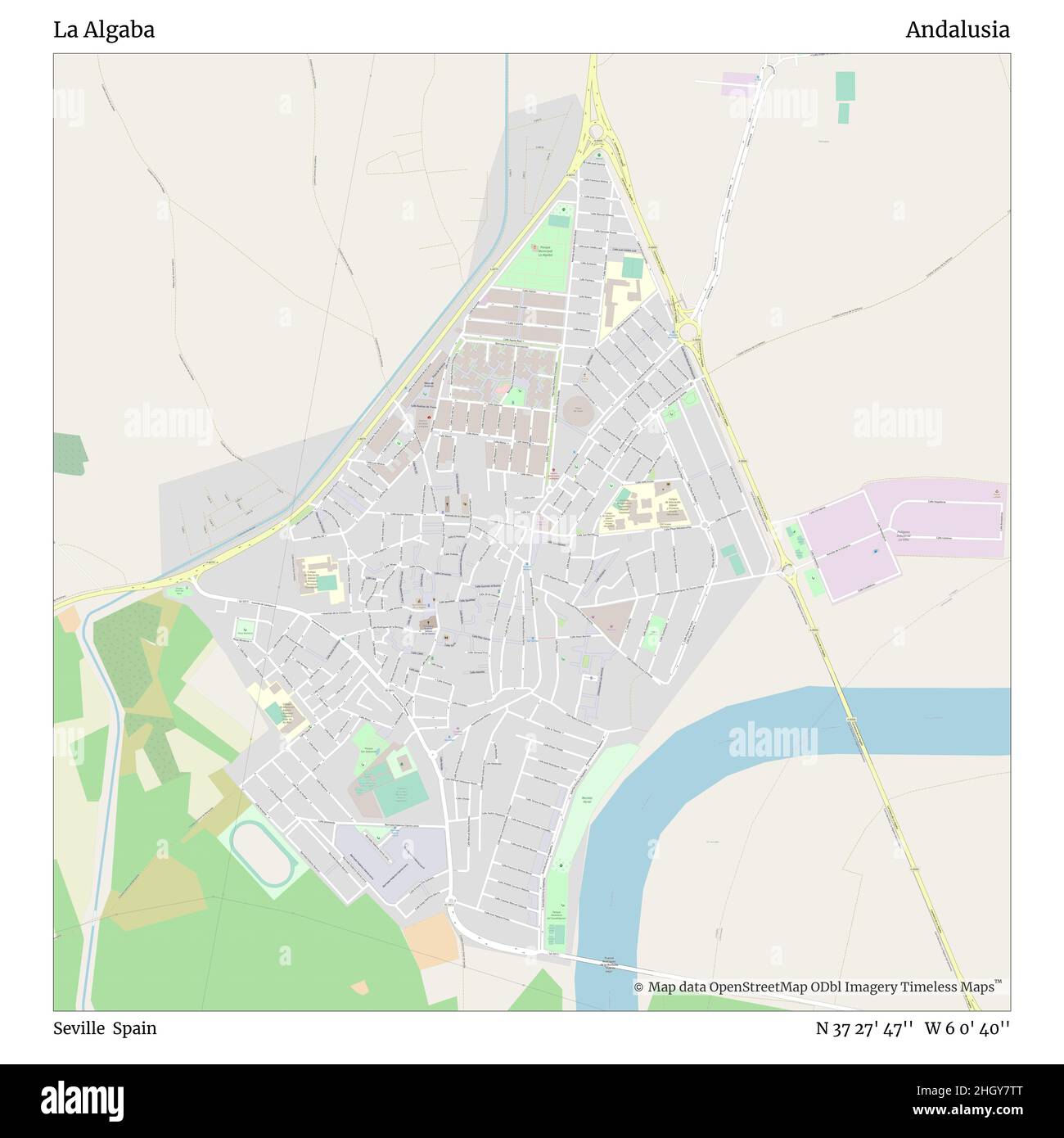 La Algaba, Siviglia, Spagna, Andalusia, N 37 27' 47''', W 6 0' 40''', mappa, mappa senza tempo pubblicata nel 2021. Viaggiatori, esploratori e avventurieri come Florence Nightingale, David Livingstone, Ernest Shackleton, Lewis and Clark e Sherlock Holmes si sono affidati alle mappe per pianificare i viaggi verso gli angoli più remoti del mondo, Timeless Maps sta mappando la maggior parte delle località del mondo, mostrando il successo di grandi sogni Foto Stock