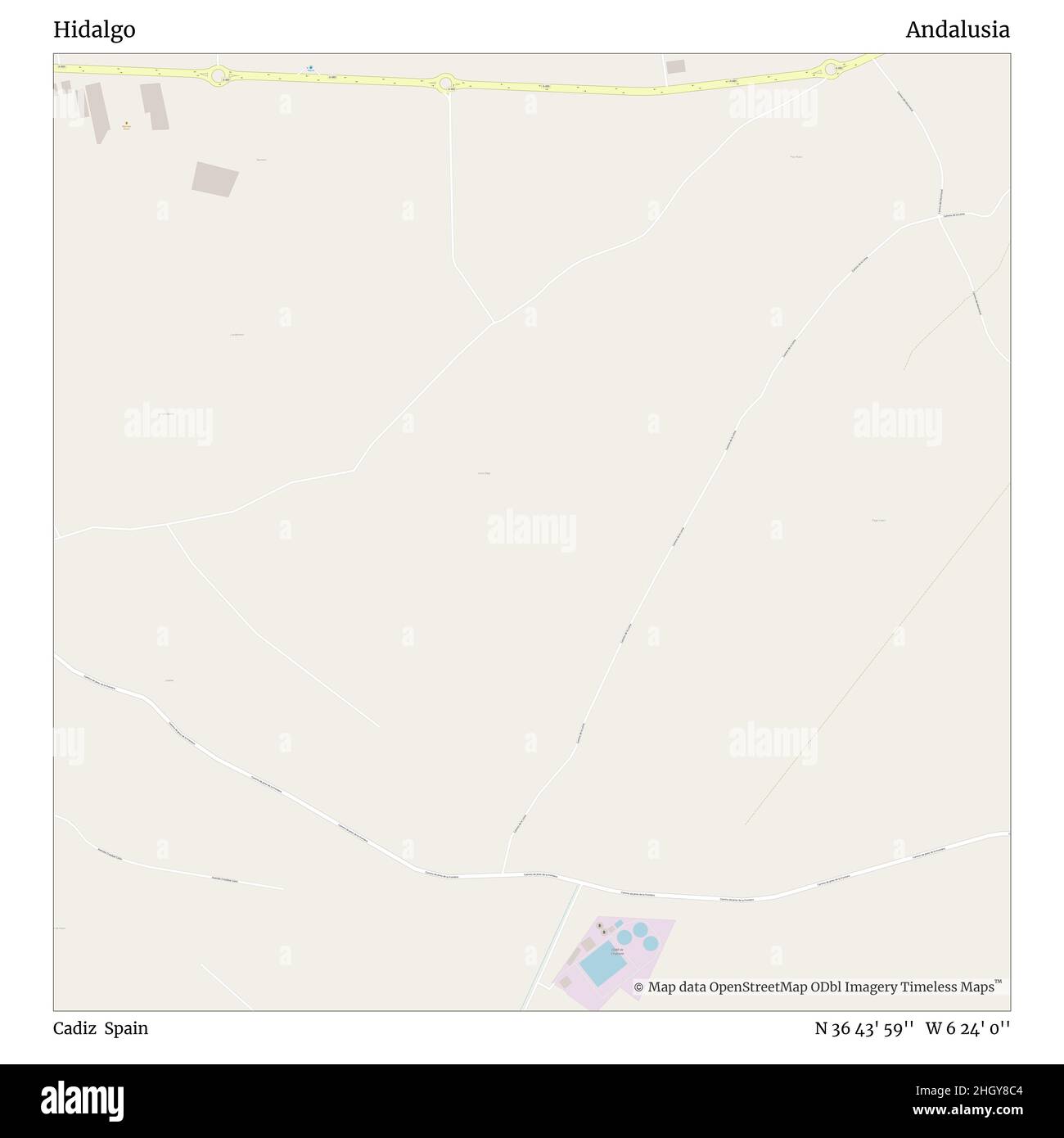 Hidalgo, Cadice, Spagna, Andalusia, N 36 43' 59''', W 6 24' 0''', mappa, mappa senza tempo pubblicata nel 2021. Viaggiatori, esploratori e avventurieri come Florence Nightingale, David Livingstone, Ernest Shackleton, Lewis and Clark e Sherlock Holmes si sono affidati alle mappe per pianificare i viaggi verso gli angoli più remoti del mondo, Timeless Maps sta mappando la maggior parte delle località del mondo, mostrando il successo di grandi sogni Foto Stock