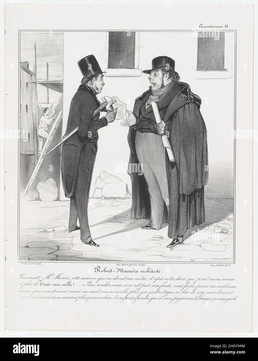 Piastra 41: Robert Macaire, architetto, da 'Caricaturana,' pubblicato in Les Robert Macaires 1838 Honoré Daumier - come è quello, signor Macaire? Questa casa, che secondo le vostre stime dovrebbe costarmi solo 70.000 Fr, mi costerà ora più di trecentomila! Cosa posso dire? Non è colpa mia! Lei aveva una finestra di rivestimento che avremmo dovuto aprire nella parete nord tagliata attraverso la parete sud, lei vuole solo quattro piani invece di cinque e che cosa è più, mentre avremmo dovuto tetto in zinco lei ora vuole che noi tetto solo in ardesia! Posso solo rispondere che avete cambiato il mio progetto e. Foto Stock