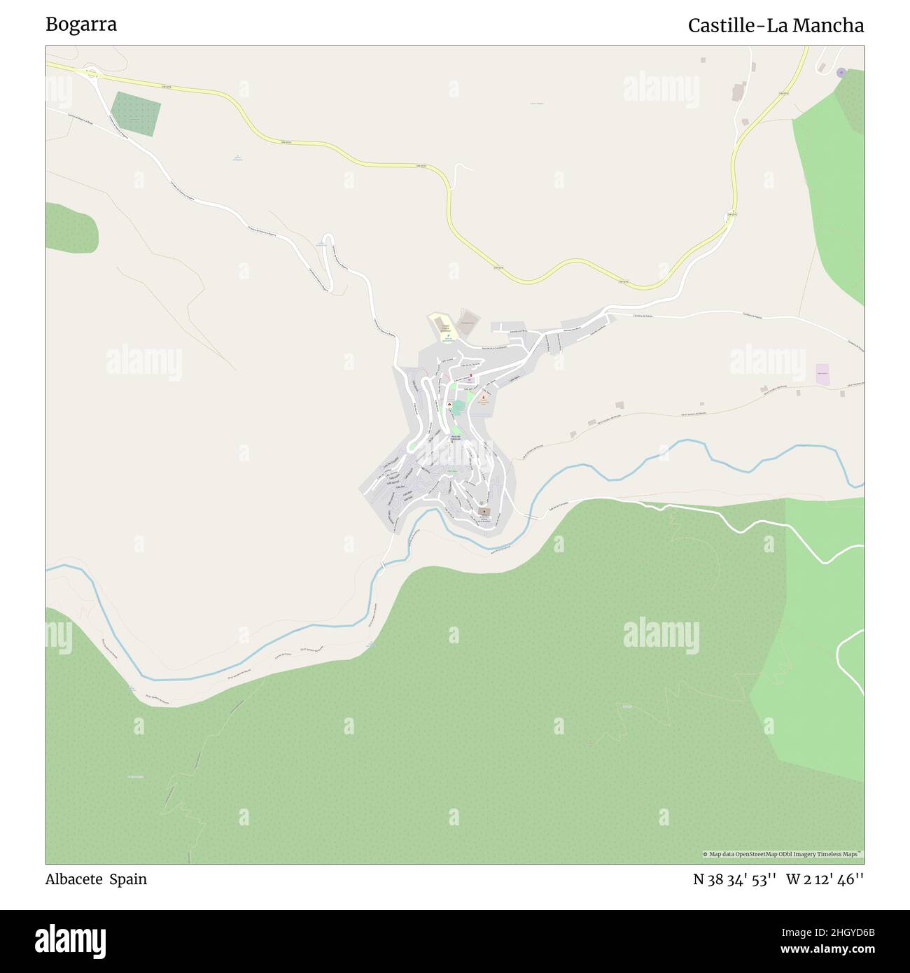 Bogarra, Albacete, Spagna, Castille-la Mancha, N 38 34' 53'', W 2 12' 46''', mappa, mappa senza tempo pubblicata nel 2021. Viaggiatori, esploratori e avventurieri come Florence Nightingale, David Livingstone, Ernest Shackleton, Lewis and Clark e Sherlock Holmes si sono affidati alle mappe per pianificare i viaggi verso gli angoli più remoti del mondo, Timeless Maps sta mappando la maggior parte delle località del mondo, mostrando il successo di grandi sogni Foto Stock