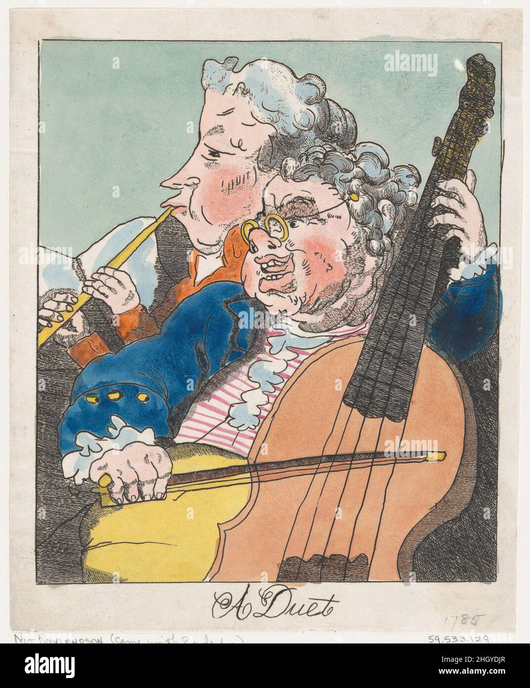 A Duet 1785 (?) Dopo Thomas Rowlandson questa satira di due musicisti può rappresentare il viol da gamba player Carl Friedrich Abel (o forse Johann Christian Bach), e il flautista Johann Christian Fisher. L'immagine è simile al "Concerto spirituale" di Henry William Bunbury (vedi 17,3.888-219 e 17,3.888-222). Un duetto. Dopo Thomas Rowlandson (British, Londra 1757–1827 Londra). 1785 (?). Incisione colorata a mano. Johann Christian Bach (tedesco, 1735–1782). Stampa Foto Stock