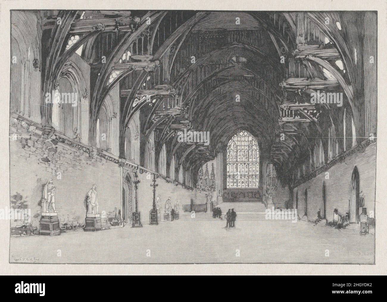Interno di Westminster Hall 1885–1916 Tony Beltrand Lepère ha fatto questa stampa per accompagnare un articolo sulle esplosioni orchestrate dalla Fratellanza repubblicana irlandese, conosciuta come la campagna dinamitica feniana, a Londra il 24 gennaio 1885, pubblicato in le Monde Illustré una settimana dopo. La didascalia della rivista nota che Lepère basava le sue incisioni in legno su fotografie, che sono state chiaramente prese prima dei bombardamenti. Lepère ha lavorato come relatore principale per le Monde Illustré dal 1881 e ha impiegato Tony Beltrand (1847–1904), Eugène Dété (1848–1922), e Frédéric Florian (1858–1904) nel suo workshop a. Foto Stock